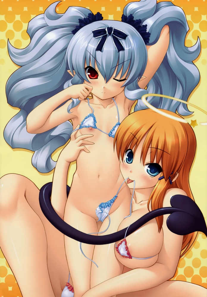 ozawa akifumi, aina solgate, rena grimoire, shikotama slave, unisonshift, silver hair, duplicate, 2girls, :p, angel, bikini, blush, breasts, brown hair, cameltoe, cleavage, demon, flat chest, green eyes, halo, loli, long hair, multiple girls, nipple slip, nipples, one eye closed, partially visible vulva, pointy ears, pussy, pussy peek, red eyes, smile, swimsuit, tail, tongue, tongue out, underboob, undressing, wink, yuri