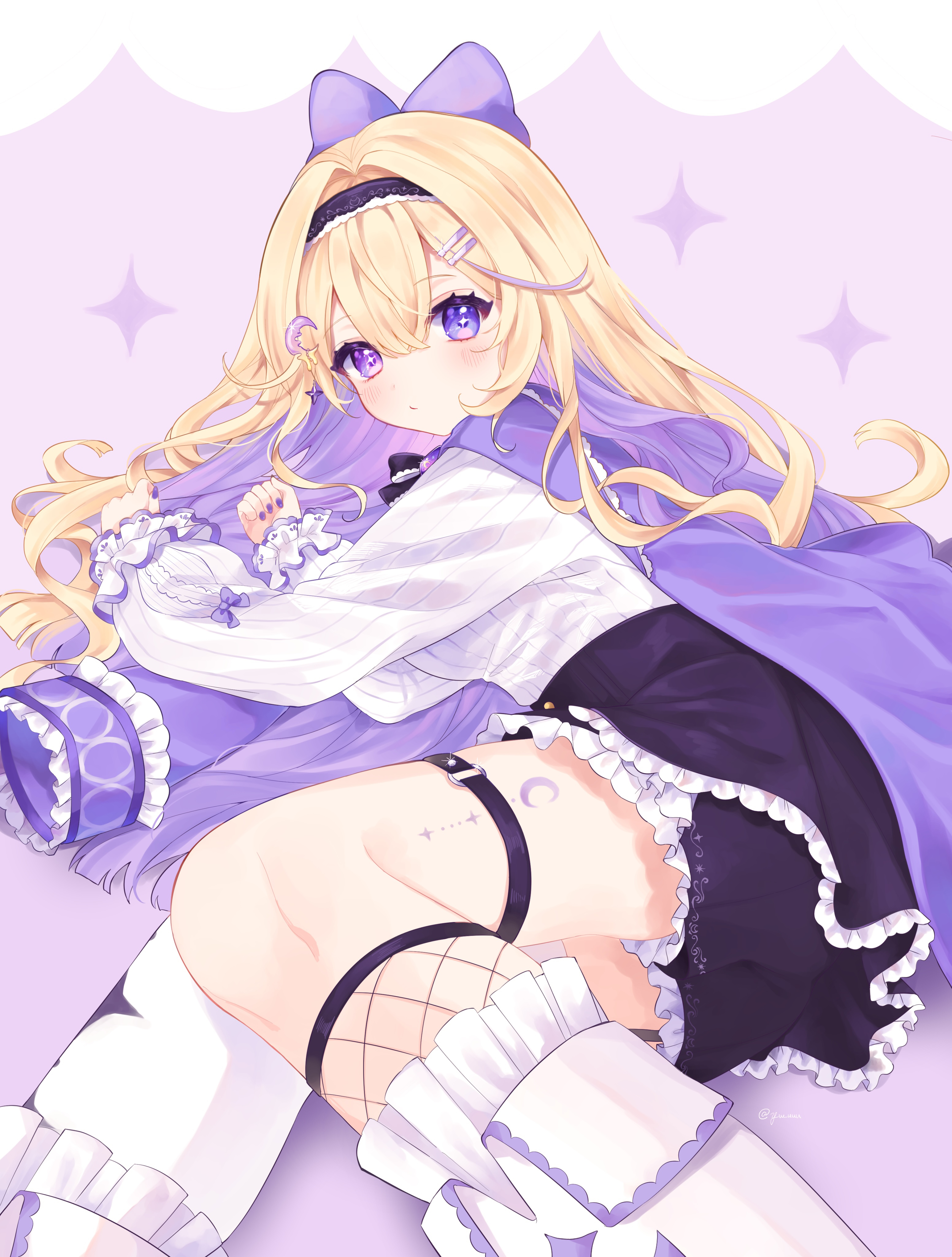 y w uuu, hololive, absurdres, highres, 1girl, black corset, black shorts, boots, buttons, closed mouth, coat, corset, creature, fingernails, gold buttons, hair between eyes, hazuki rui (vtuber), heterochromia, long sleeves, looking at viewer, lying, open clothes, open coat, puffy long sleeves, puffy sleeves, purple coat, purple nails, shirt, shorts, smile, solo, thighs, virtual youtuber, white boots, white shirt