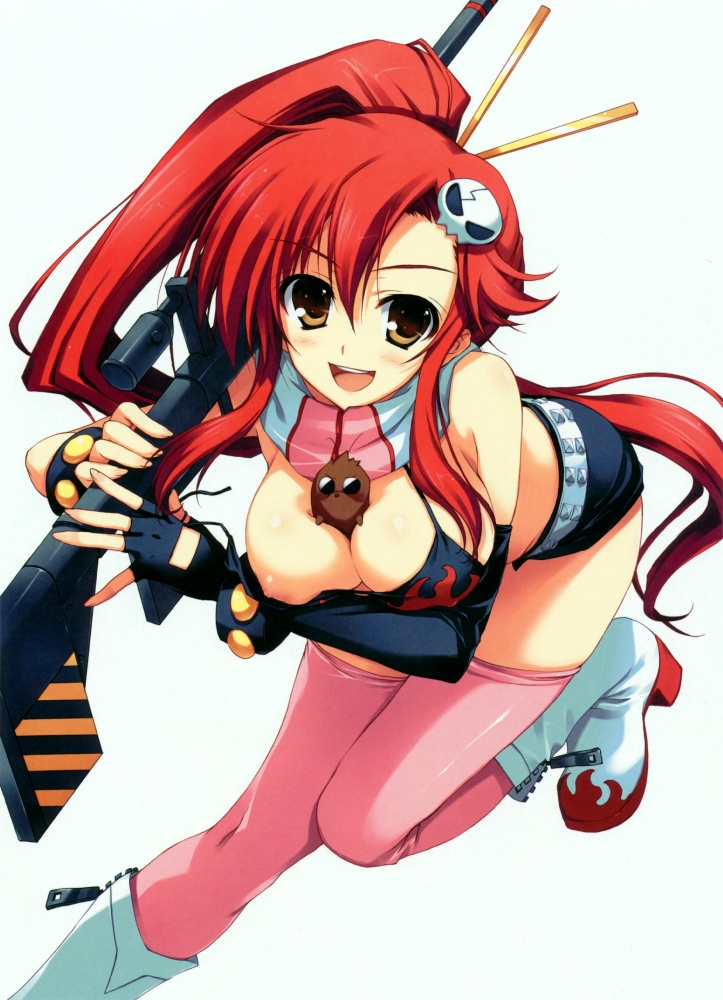 tomose shunsaku, boota (ttgl), yoko littner, tengen toppa gurren lagann, md5 mismatch, resized, resolution mismatch, 00s, 1girl, animal, animal between breasts, anti-materiel rifle, between breasts, bracelet, breasts, breasts squeezed together, female focus, gun, jewelry, large breasts, leaning forward, nipple slip, nipples, red hair, rifle, sniper rifle, solo, studded bracelet, thighhighs, weapon, zipper