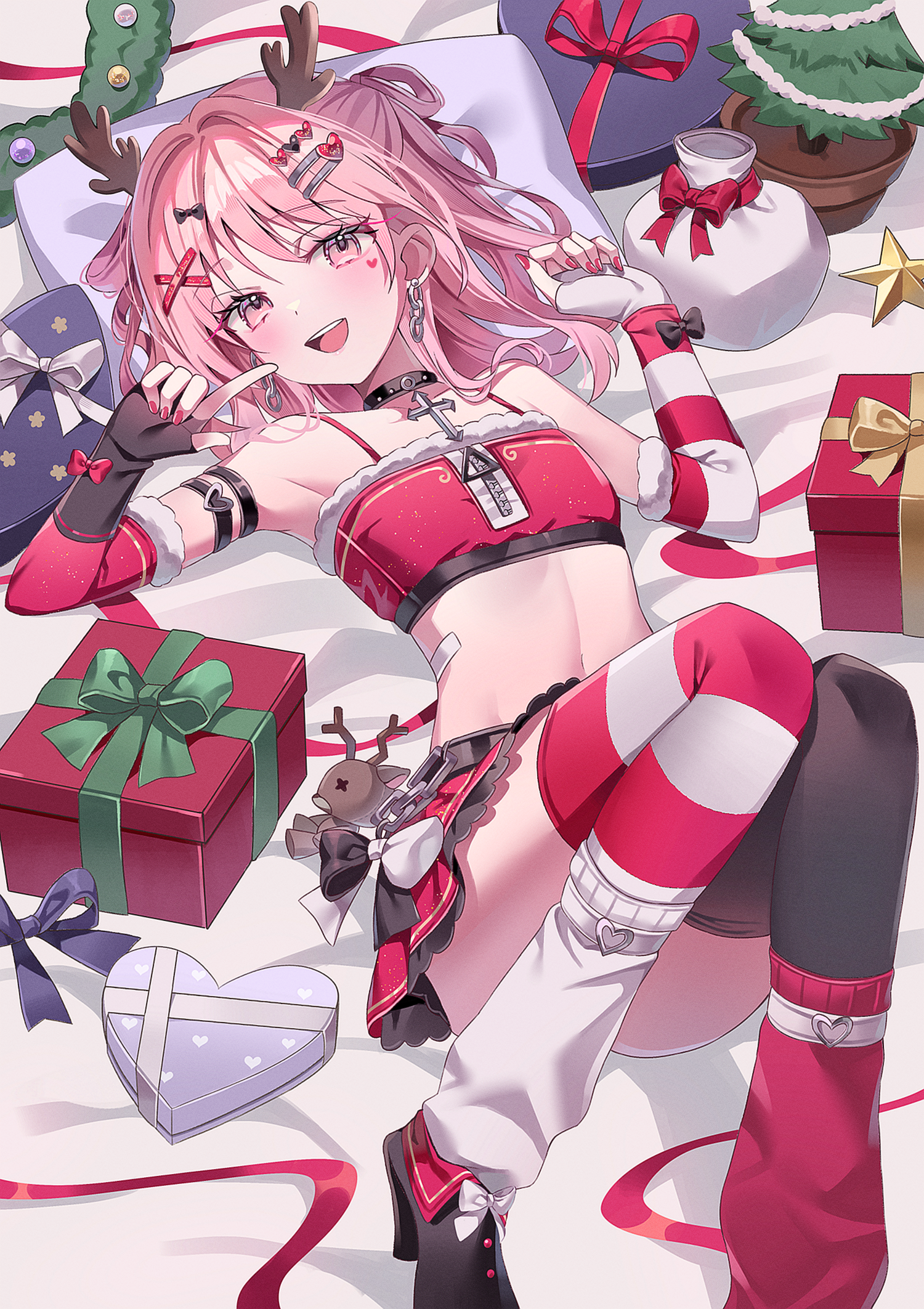 gin (gin937), akiyama mizuki, project sekai, commentary, highres, symbol-only commentary, 1girl, animal ears, antlers, arm strap, armpits, ass, bare shoulders, belt, black choker, black gloves, black shoes, box, choker, christmas, convenient leg, crop top, cross, cross choker, detached sleeves, earrings, fake animal ears, fake antlers, fingerless gloves, flat chest, gift, gift box, gloves, hair ornament, hair rings, hairclip, hands up, heart-shaped box, horns, jewelry, kneehighs, long hair, looking at viewer, lying, midriff, miniskirt, nail polish, navel, on back, open mouth, pillow, pink eyes, pink hair, red nails, red shirt, red skirt, red socks, reindeer antlers, shirt, shoes, skirt, sleeveless, sleeveless shirt, smile, socks, solo, spaghetti strap, stomach, striped clothes, striped thighhighs, thighhighs, white socks