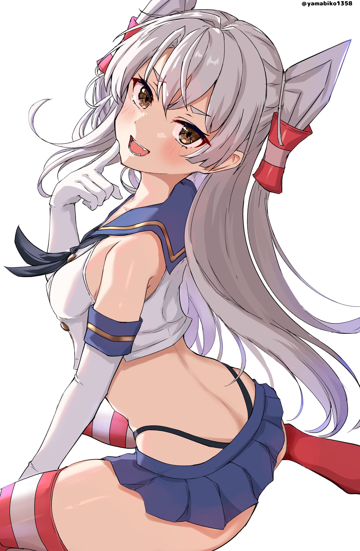 yamabiko1358, amatsukaze (kancolle), shimakaze (kancolle), kantai collection, commentary request, highres, 1girl, ass, black neckerchief, black panties, blue sailor collar, blue skirt, brown eyes, cosplay, crop top, elbow gloves, from behind, gloves, grey hair, hair tubes, highleg, highleg panties, long hair, looking at viewer, looking back, microskirt, miniskirt, neckerchief, panties, pleated skirt, sailor collar, shimakaze (kancolle) (cosplay), shirt, skirt, sleeveless, sleeveless shirt, solo, striped clothes, striped thighhighs, thighhighs, twitter username, two side up, underwear, white gloves