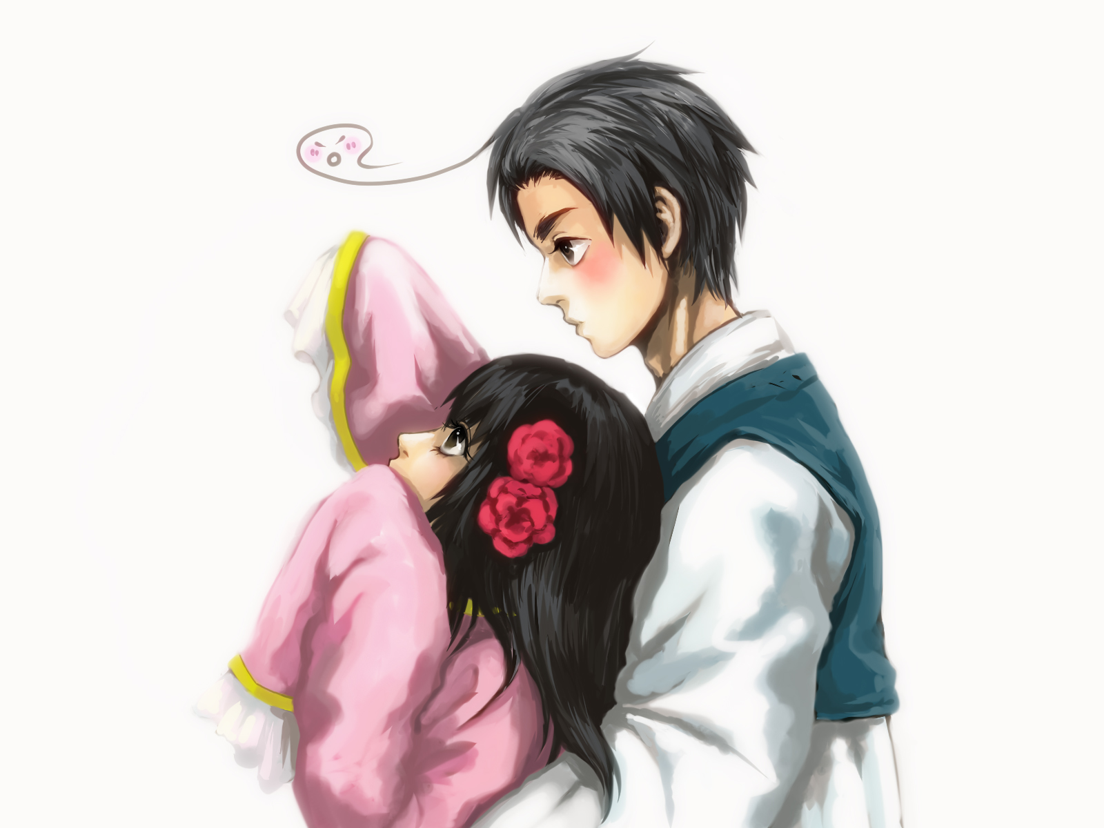 asahijima, korea (hetalia), taiwan (hetalia), axis powers hetalia, bad id, bad pixiv id, highres, 00s, 1boy, 1girl, ahoge, black eyes, black hair, blush, brown eyes, changpao, chinese clothes, embarrassed, flower, frills, gathers, hair flower, hair ornament, hanbok, hetero, holding, hug, korean clothes, long sleeves, looking up, outstretched arm, reaching, sleeves past wrists