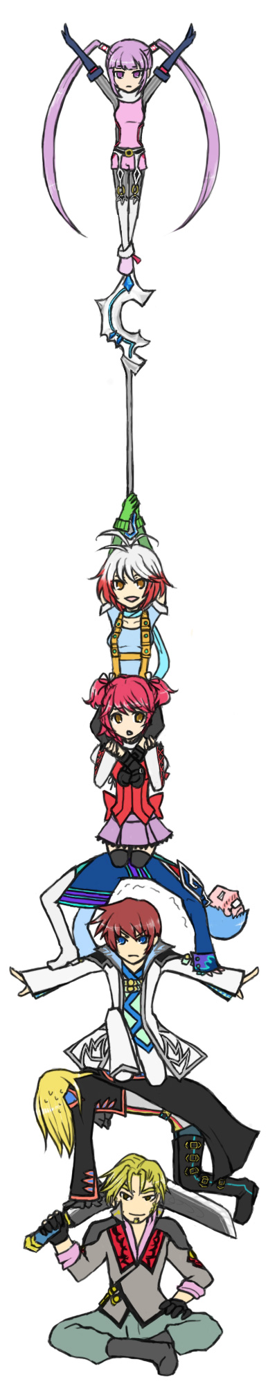 te (artist), asbel lhant, cheria barnes, hubert ozwell, malik caesars, pascal (tales), richard (tales), sophie (tales), tales of (series), tales of graces, highres, long image, tall image, 3girls, 4boys, blonde hair, blue eyes, blue shirt, brothers, brown hair, glasses, long hair, multiple boys, multiple girls, purple hair, red hair, scarf, shirt, short hair, siblings, staff, sword, twintails, two side up, weapon, white hair