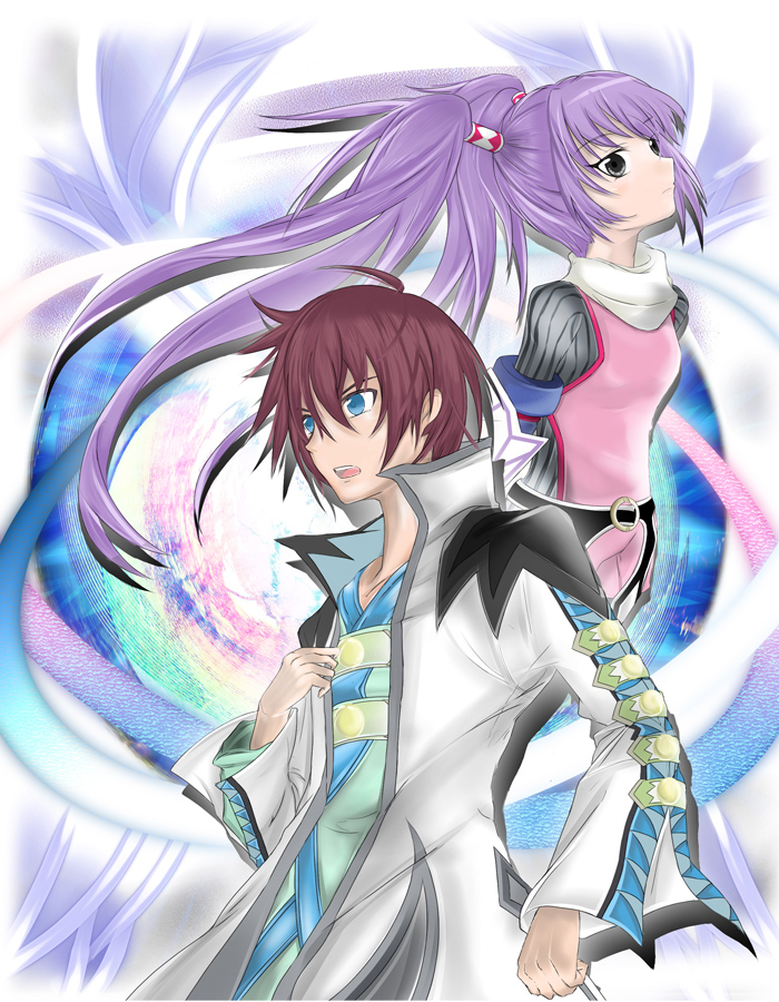 nadir (nadirnek), asbel lhant, sophie (tales), tales of (series), tales of graces, bad id, bad pixiv id, 1boy, 1girl, blue eyes, brown hair, gradient background, grey eyes, long hair, purple hair, short hair, twintails