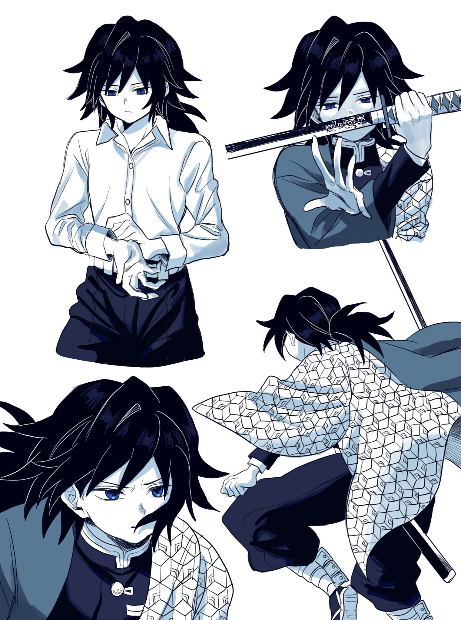 tomioka giyuu, kimetsu no yaiba, commentary request, highres, korean commentary, 1boy, anggeum57449, belt, blue eyes, buttons, closed mouth, collared shirt, demon slayer uniform, from behind, haori, high collar, holding, holding sword, holding weapon, jacket, japanese clothes, katana, kikkoumon, long hair, looking at viewer, low ponytail, male focus, monochrome, multiple views, pants, ponytail, print haori, red haori, sandals, shirt, socks, spiked hair, sword, upper body, weapon