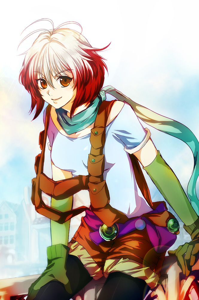 nadir (nadirnek), pascal (tales), tales of (series), tales of graces, 1girl, blue shirt, female focus, multicolored hair, red hair, scarf, shirt, short hair, smile, solo, two-tone hair, white hair, yellow eyes