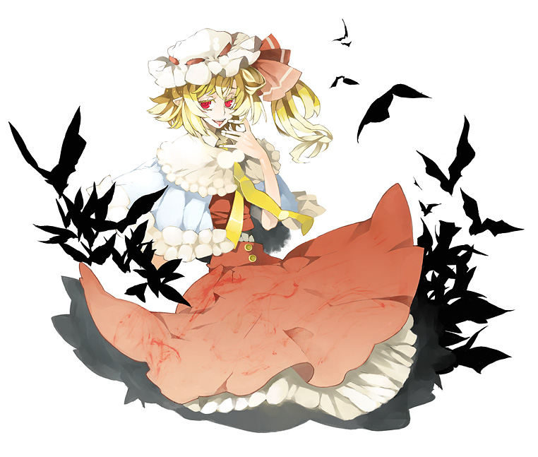 bantya shibano, kukicha, flandre scarlet, touhou, 1girl, bat (animal), blonde hair, dress, female focus, frills, hat, mob cap, red eyes, solo, white background, white hat