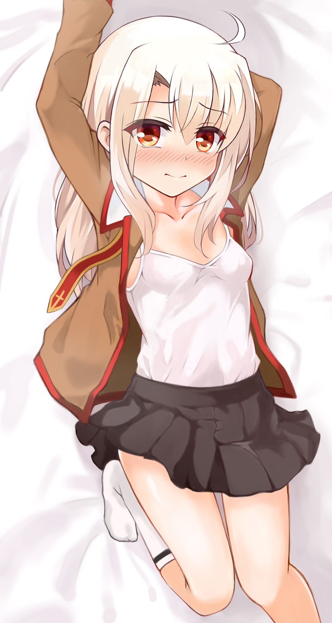mochi (k620803n), illyasviel von einzbern, fate/kaleid liner prisma illya, fate (series), commentary request, highres, paid reward available, 1girl, bed sheet, black skirt, blush, breasts, brown shirt, camisole, closed mouth, homurabara academy school uniform, long hair, long sleeves, looking at viewer, lying, miniskirt, no shoes, nose blush, on back, open clothes, open shirt, pleated skirt, red eyes, school uniform, shirt, skirt, small breasts, socks, solo, white camisole, white hair, white socks