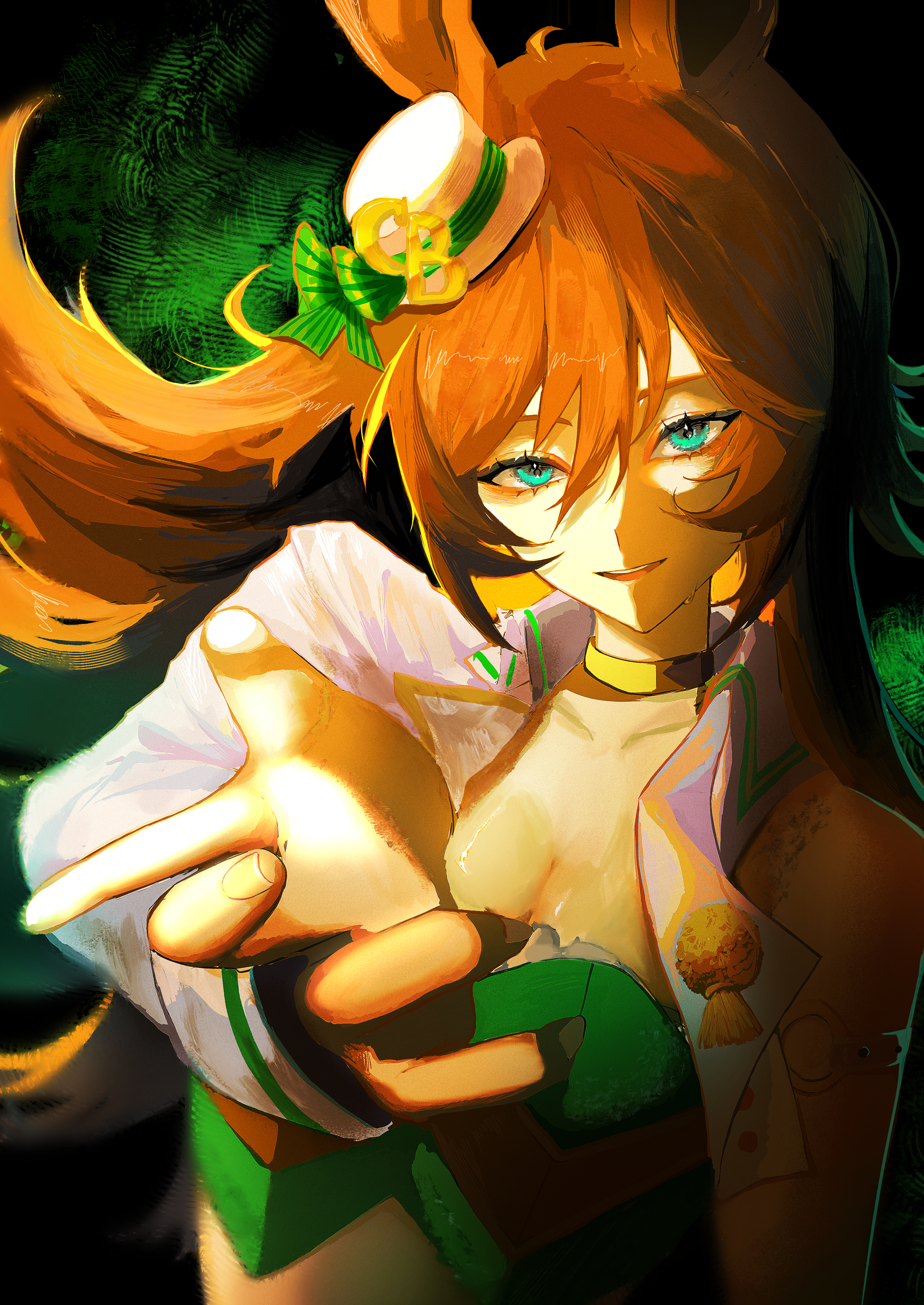 mr. c.b. (umamusume), umamusume, absurdres, commentary request, highres, 1girl, blue eyes, breasts, brown hair, cleavage, floating hair, fur-trimmed vest, fur trim, hair between eyes, hat, jacket, long hair, looking at viewer, medium breasts, parted lips, sfnnezl 0u0, smile, solo, tilted headwear, very long hair, vest, white hat, white jacket