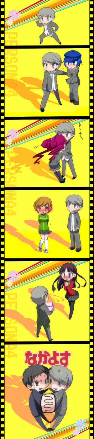 chiizu ochaduke, adachi tooru, amagi yukiko, kujikawa rise, narukami yu, satonaka chie, shirogane naoto, atlus, persona, persona 4, highres, long image, tall image, 2boys, 4girls, androgynous, black hair, blue hair, blush, brown hair, gift, grey hair, hat, hug, long hair, multiple boys, multiple girls, newsboy cap, pantyhose, red hair, reverse trap, school uniform, serafuku, short hair, skirt