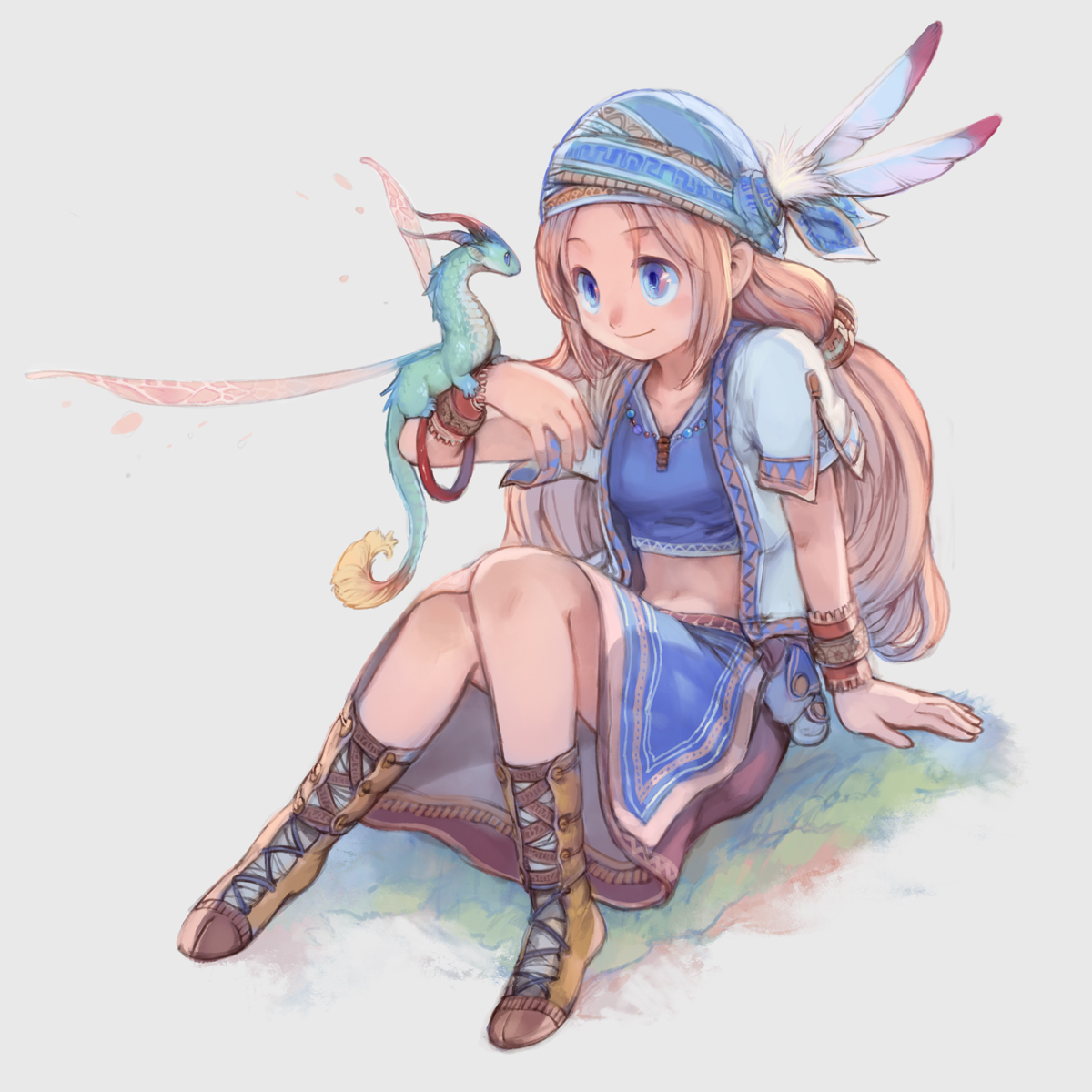 murayama, murayama ryota, highres, 1girl, bandana, blue eyes, blurry, boots, brown hair, depth of field, dragon, feathers, female focus, long hair, midriff, sitting, skirt, smile, soft focus, solo