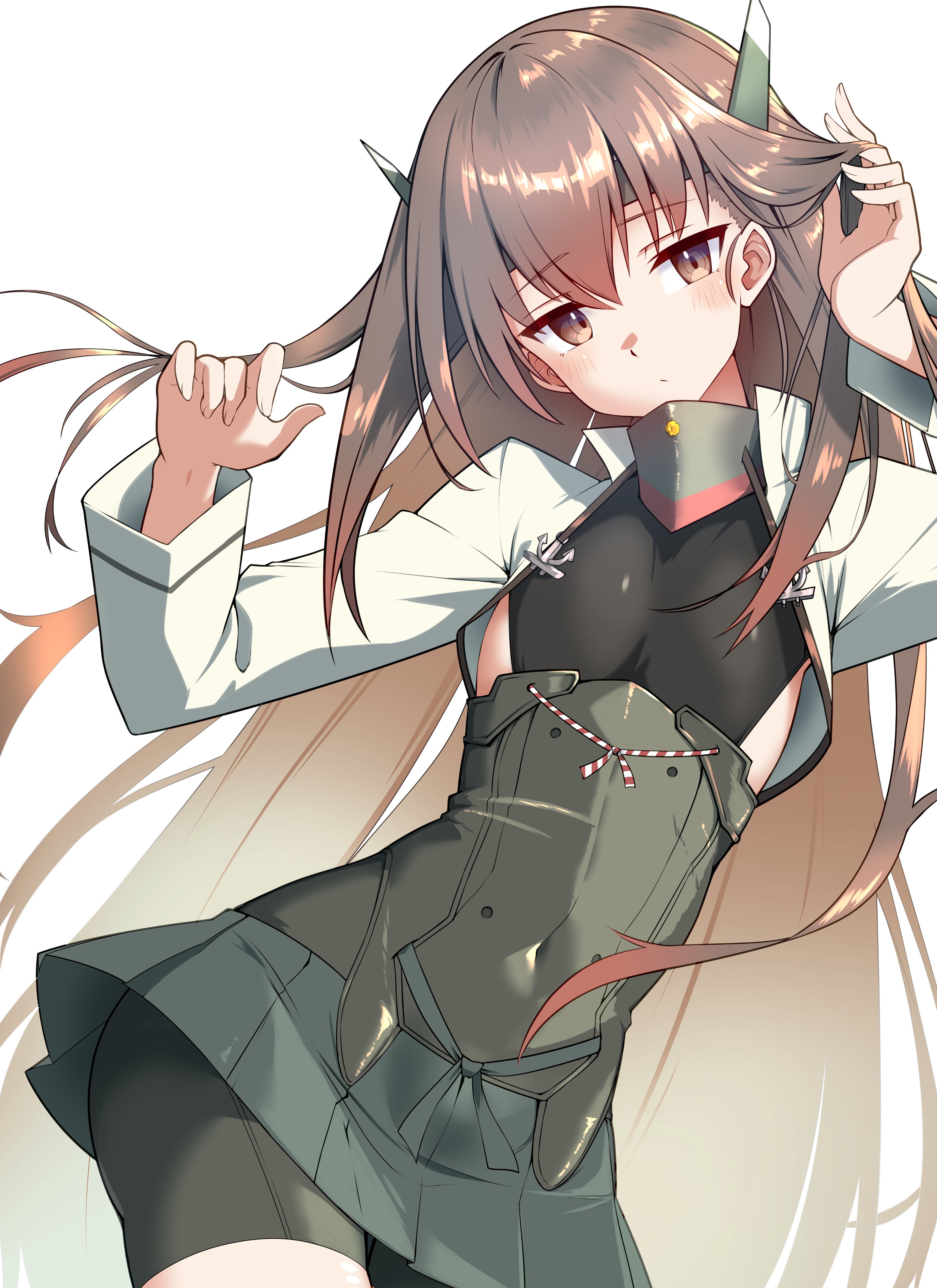shiba (zudha), taihou (kancolle), taihou kai (kancolle), kantai collection, absurdres, commentary request, highres, 1girl, alternate hair length, alternate hairstyle, bike shorts, bike shorts under skirt, black shorts, breasts, brown eyes, brown hair, corset, covered navel, cowboy shot, grey skirt, headgear, looking at viewer, pleated skirt, shorts, shorts under skirt, shrug (clothing), skirt, small breasts, solo, white shrug