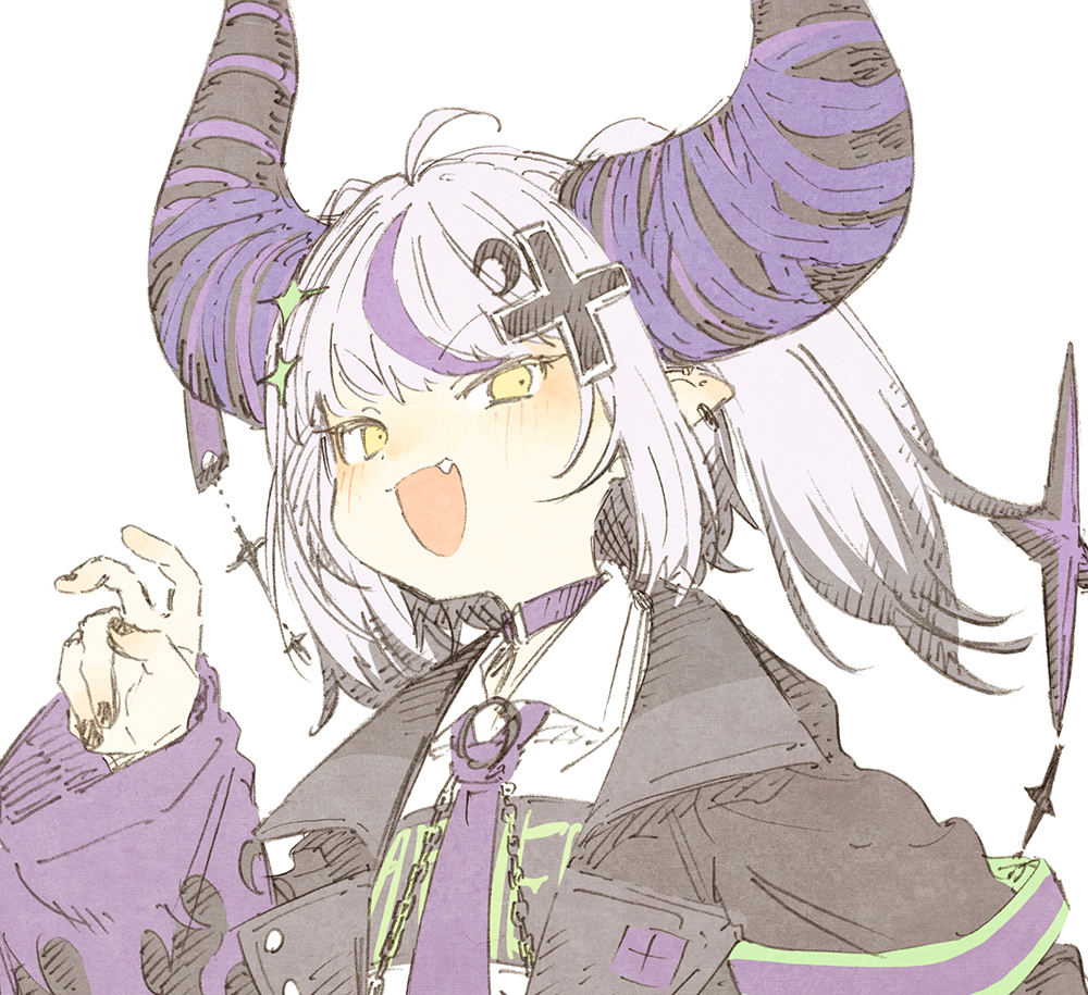 abara heiki, la+ darknesss, hololive, hashtag-only commentary, 1girl, black horns, black nails, fang, fingernails, horns, looking at viewer, multicolored hair, open mouth, pointy ears, purple hair, simple background, smile, solo, striped horns, two-tone hair, virtual youtuber, white background, white hair, yellow eyes