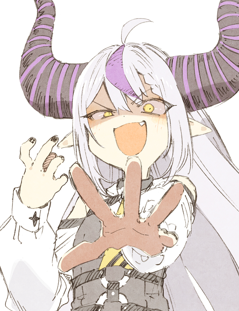 abara heiki, la+ darknesss, hololive, hashtag-only commentary, highres, 1girl, black horns, black nails, fang, fingernails, horns, looking at viewer, multicolored hair, open mouth, pointy ears, purple hair, simple background, smile, solo, striped horns, two-tone hair, virtual youtuber, white background, white hair, yellow eyes