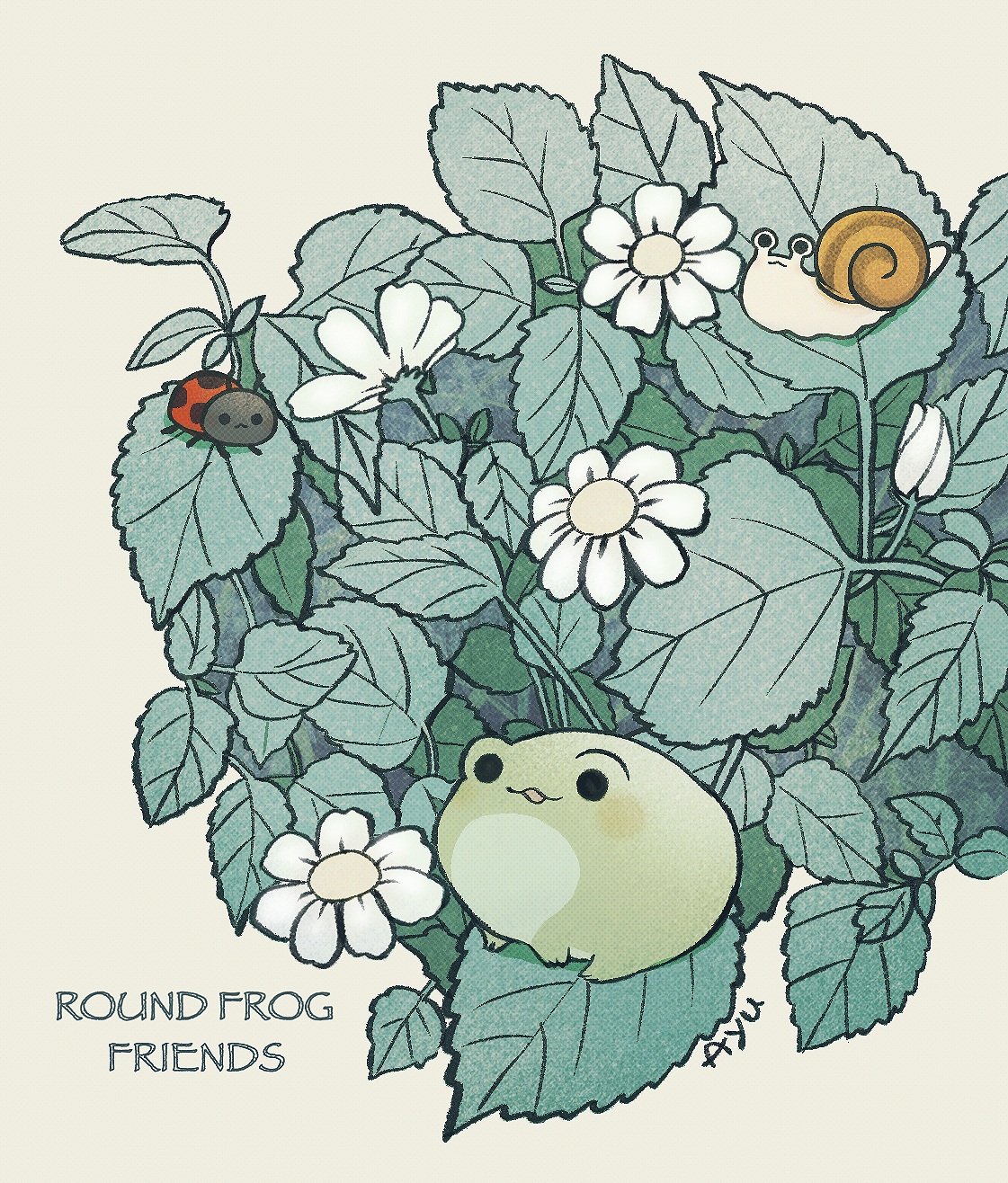 ayu (mog), original, commentary, commentary request, english commentary, highres, mixed-language commentary, :3, :d, animal focus, bug, flower, frog, grey background, insect, ladybug, leaf, no humans, open mouth, plant, plant focus, romaji commentary, simple background, smile, snail, solid circle eyes, white flower