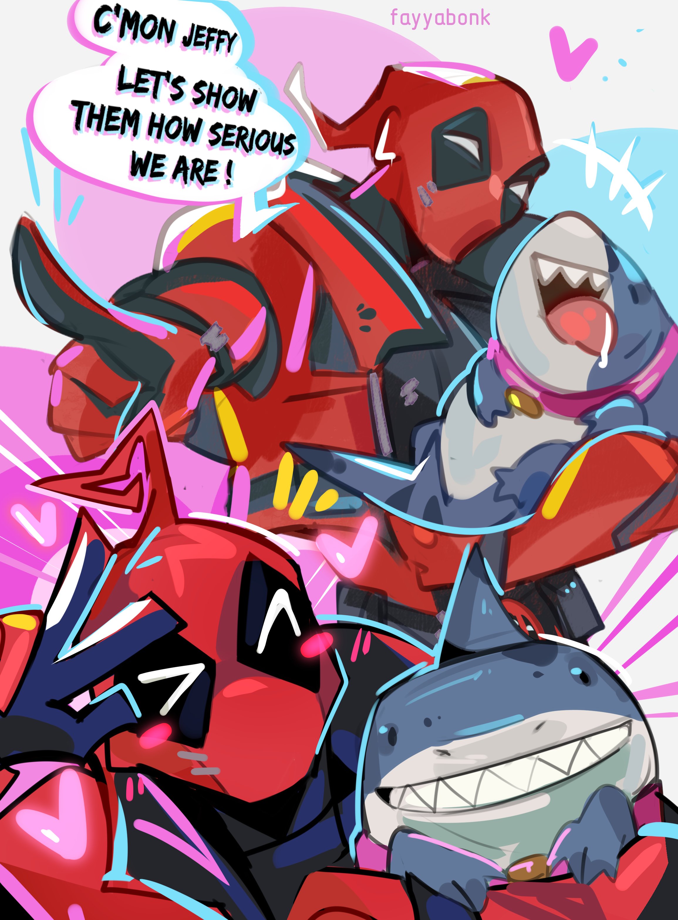 fayyabonk, deadpool, jeff (marvel), marvel, marvel rivals, absurdres, commentary, english commentary, highres, 1boy, blush, english text, fangs, fins, fish tail, heart, hug, looking at viewer, multiple views, one eye closed, open mouth, pointing, shark, shark fin, shark tail, speech bubble, tail, tongue, tongue out