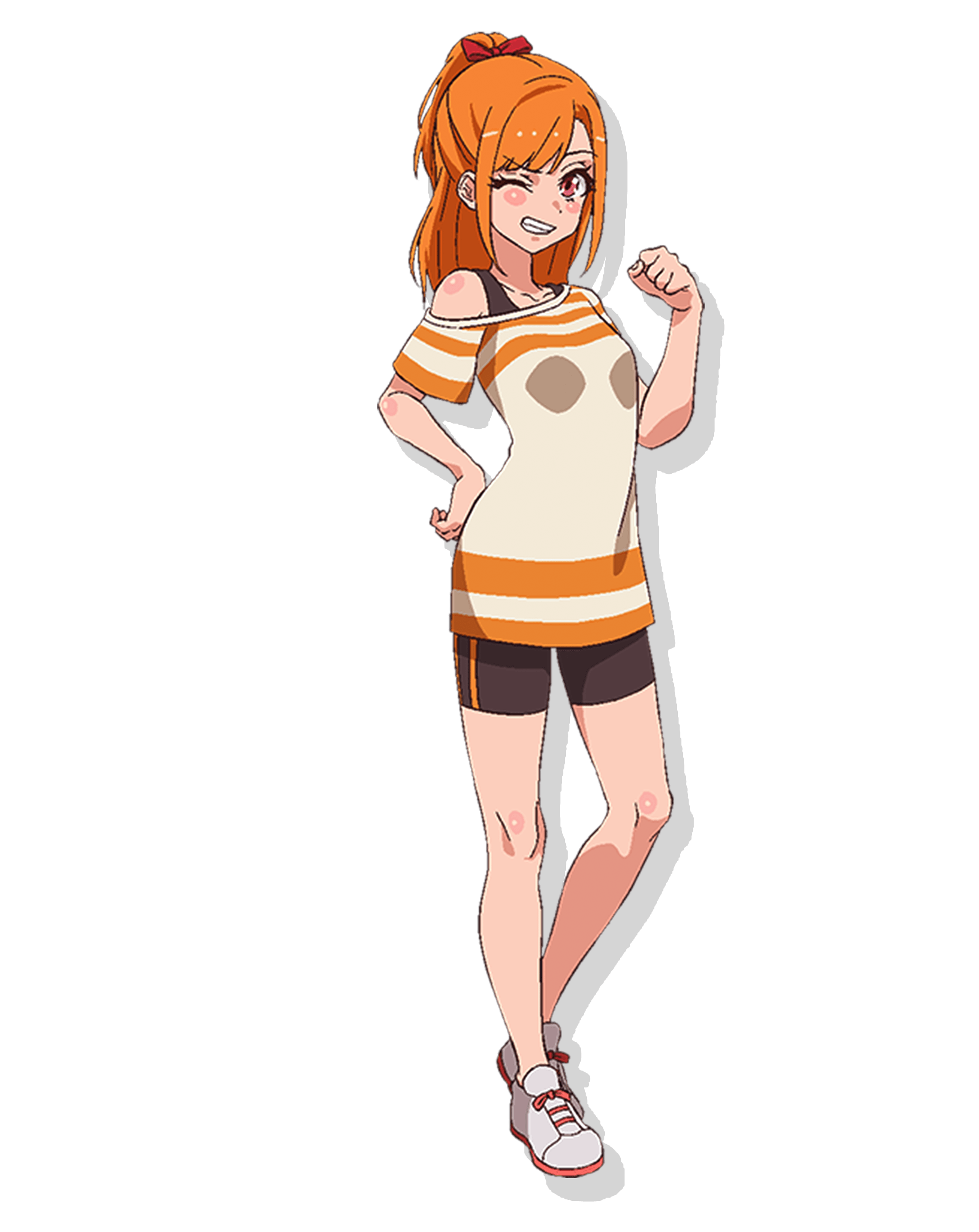 kamayashiki ikuko, world dai star, highres, official art, 1girl, bandaid, bike shorts, black shorts, blush, bow, breasts, clenched teeth, collarbone, full body, grin, hair bow, hair ornament, hand on own hip, high ponytail, long hair, looking at viewer, off shoulder, one eye closed, orange eyes, orange hair, ponytail, red eyes, shirt, shoes, short sleeves, shorts, smile, sneakers, solo, standing, teeth, transparent background