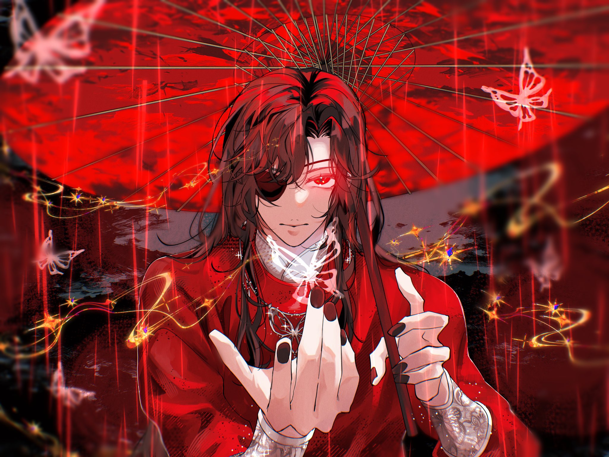 hua cheng, tianguan cifu, silver necklace, commentary request, highres, 1boy, aura, bishounen, black hair, black nails, blurry, blurry background, bracelet, brown hair, bug, butterfly, butterfly necklace, butterfly on hand, chinese clothes, closed mouth, eyepatch, glowing, glowing butterfly, glowing eye, hamuchanus 2, hanfu, holding, holding umbrella, insect, jewelry, long hair, long sleeves, looking at viewer, male focus, nail polish, necklace, oil-paper umbrella, one eye covered, rain, raining blood, red eyes, red hanfu, red theme, red umbrella, silver bracelet, solo, sparkle, umbrella, upper body, white butterfly, yuanlingpao