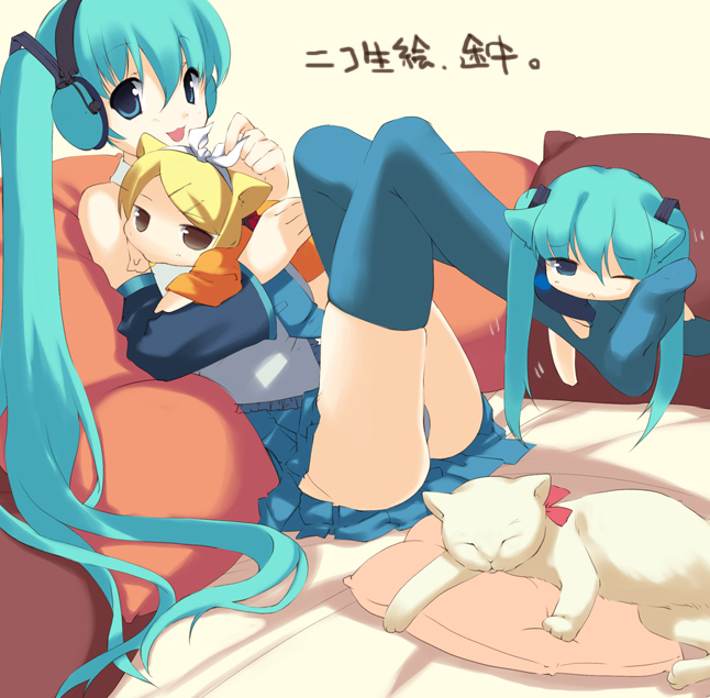 kunai uri, hatsune miku, kagamine rin, vocaloid, 2girls, :<, :3, :d, animal ears, aqua eyes, aqua hair, bed, blonde hair, blue panties, blue thighhighs, cat, cat ears, closed eyes, detached sleeves, dual persona, grey eyes, hair ornament, hairband, hairclip, headphones, holding, hug, legs, long hair, mini person, minigirl, multiple girls, necktie, open mouth, panties, pillow, pleated skirt, reclining, short hair, skirt, sleeping, smile, thighhighs, trembling, twintails, underwear, very long hair, wince