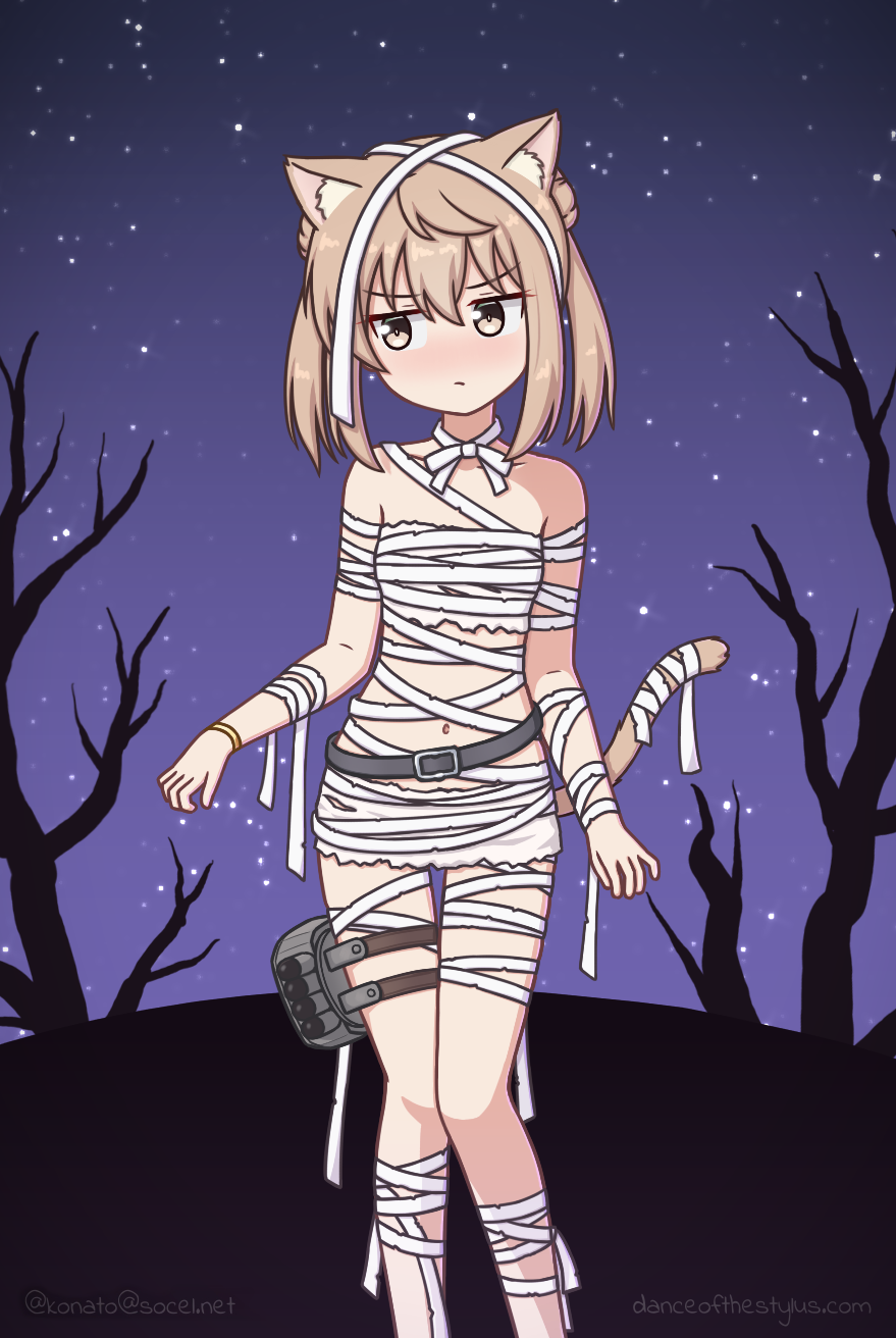 konato k, michishio (kancolle), kantai collection, commentary request, highres, 1girl, adapted turret, animal ears, bandages, belt, brown eyes, brown hair, cat ears, cat tail, double bun, feet out of frame, hair bun, mummy costume, naked bandage, night, sky, solo, star (sky), starry sky, tail, thigh strap, tree