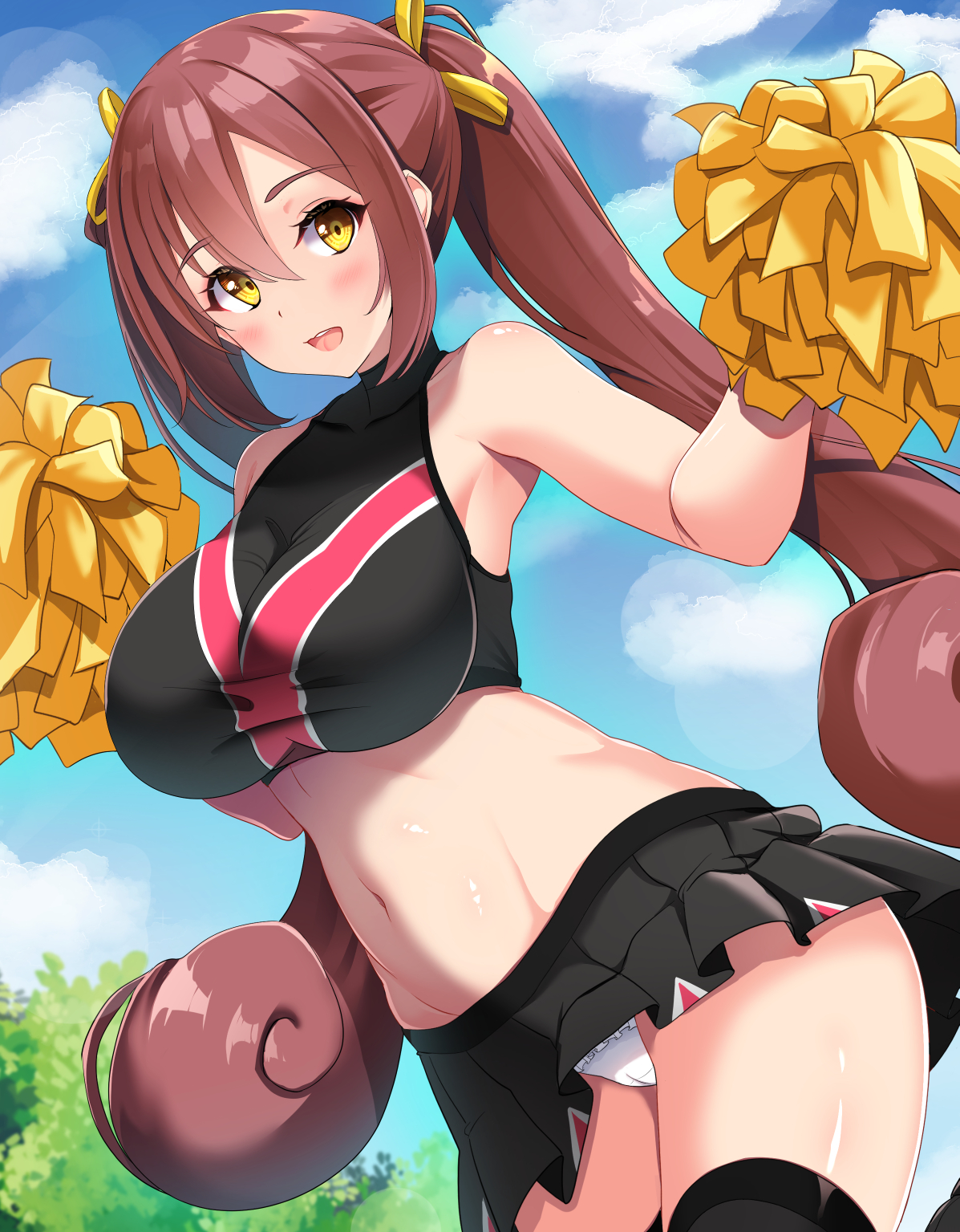 senra banshou, otobuki kanade, jikkyou powerful pro yakyuu, power pro appli, commentary request, highres, 1girl, black shirt, black skirt, black thighhighs, blue sky, breasts, brown hair, cameltoe, cheerleader, cloud, cloudy sky, crop top, curly ends, flower, hair between eyes, hair ribbon, holding, holding pom poms, large breasts, long hair, midriff, miniskirt, multicolored shirt, navel, open mouth, outdoors, panties, pantyshot, pom pom (cheerleading), pom poms, red shirt, ribbon, rose, shirt, skirt, sky, solo, teeth, thighhighs, twintails, underwear, upper teeth only, white panties, yellow eyes, yellow flower, yellow rose