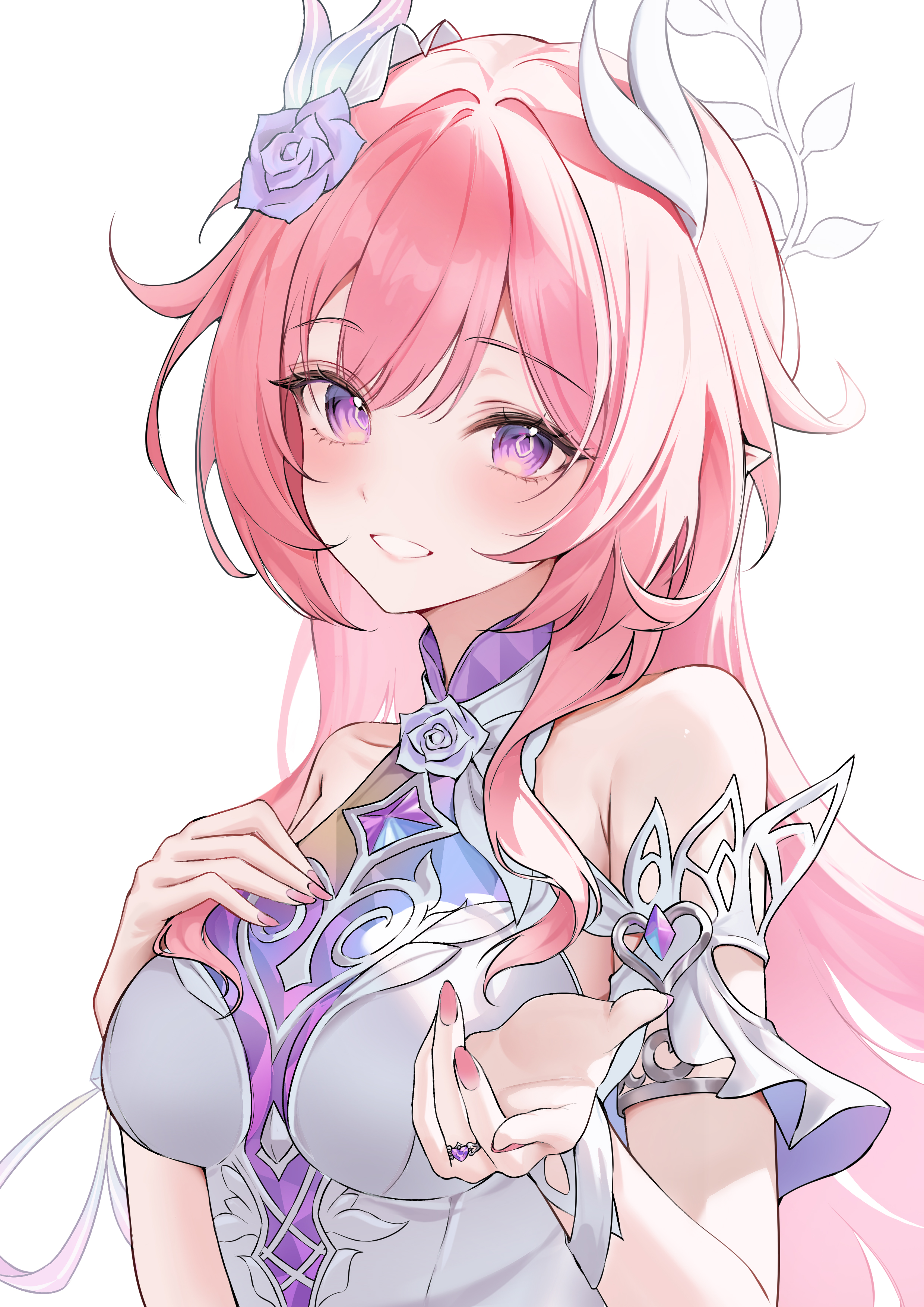 nurie6351, cyrene (honkai: star rail), honkai: star rail, honkai (series), absurdres, commentary request, highres, 1girl, bare shoulders, breasts, cyrene (demiurge) (honkai: star rail), diamond-shaped pupils, diamond (shape), dress, fingernails, flower, grin, hair flower, hair ornament, hand on own chest, jewelry, large breasts, long fingernails, long hair, looking at viewer, nail polish, offering hand, pink hair, pink nails, pointy ears, purple eyes, ring, simple background, smile, solo, symbol-shaped pupils, upper body, white background, white dress