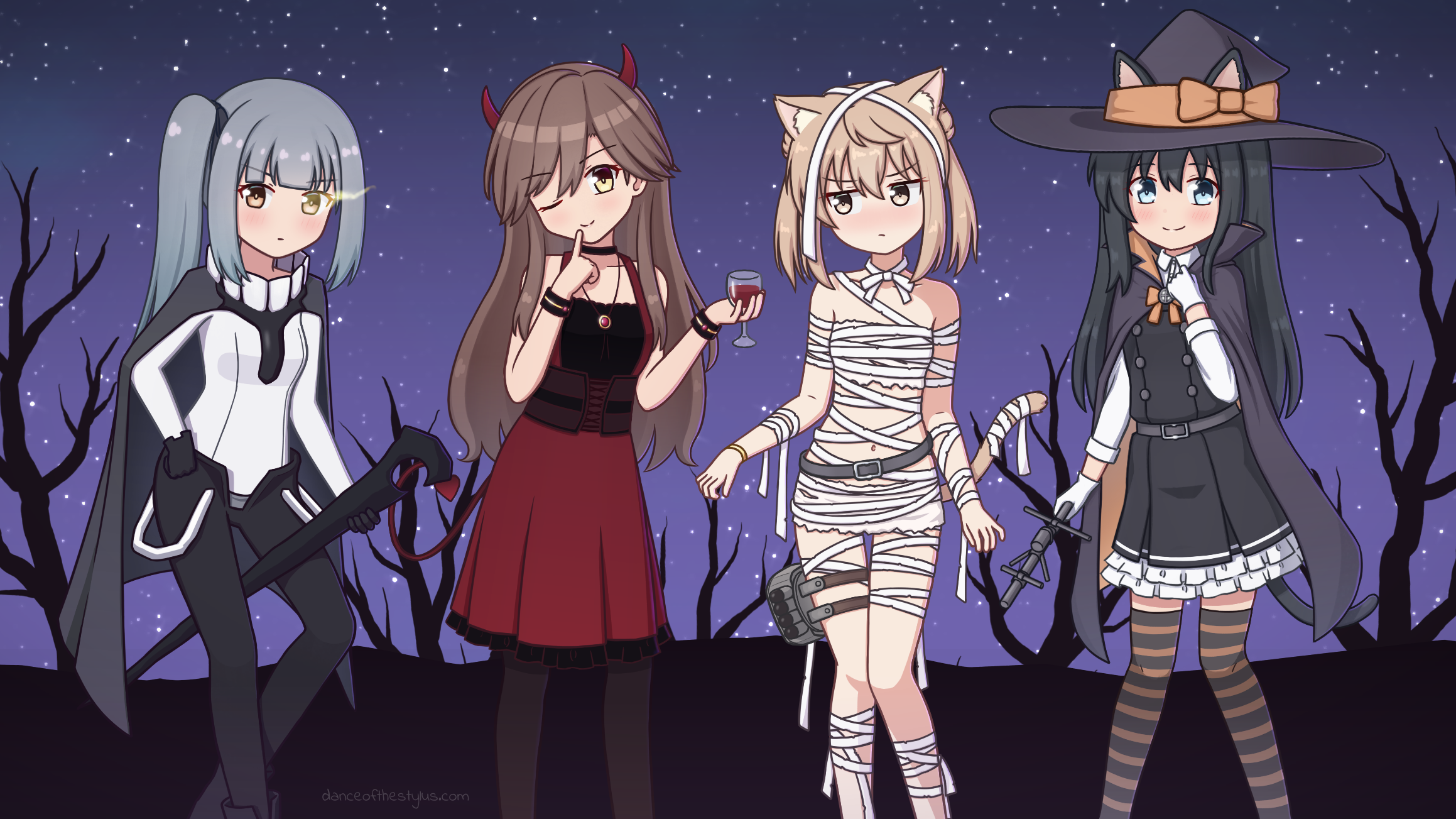 konato k, arashio (kancolle), asashio (halloween) (kancolle), asashio (kancolle), asashio kai ni (kancolle), kasumi (kancolle), michishio (kancolle), wo-class aircraft carrier, kantai collection, commentary, commentary request, highres, adapted turret, alcohol, alternate costume, animal ears, bandages, belt, black cape, black gloves, black hair, black hat, black pants, black pantyhose, blue eyes, blunt bangs, bow, bowtie, brown eyes, brown hair, cape, cat ears, cat tail, collared shirt, cosplay, cup, demon girl, demon horns, demon tail, double bun, dress, dress shirt, drinking glass, feet out of frame, finger to mouth, frilled dress, frills, gloves, hair bun, halloween, halloween costume, hat, horns, long hair, looking at viewer, mummy costume, naked bandage, night, official alternate costume, one eye closed, orange bow, orange bowtie, outdoors, pants, pantyhose, pinafore dress, red dress, shirt, side ponytail, sky, sleeveless, sleeveless dress, smile, staff, star (sky), starry sky, striped clothes, striped thighhighs, tail, thigh strap, thighhighs, tree, white gloves, white shirt, wine, wine glass, witch hat, wo-class aircraft carrier (cosplay)