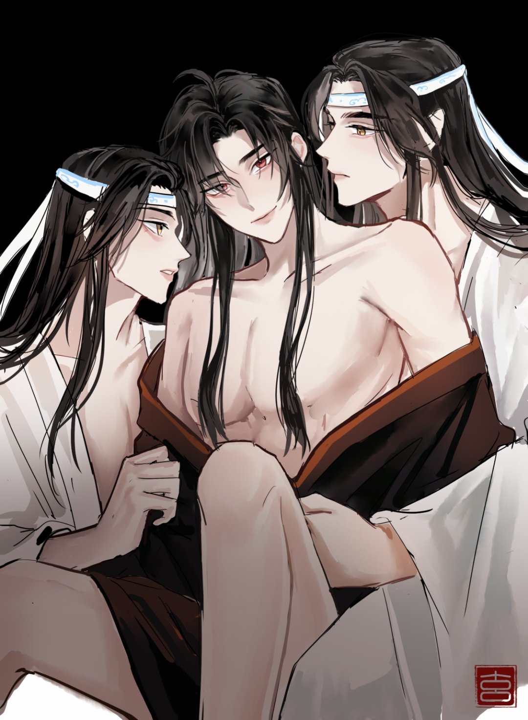 lan wangji, wei wuxian, modao zushi, chinese commentary, commentary request, highres, 3boys, ahoge, alternate hairstyle, bare legs, bare pectorals, bare shoulders, bishounen, black background, black hair, black hanfu, boy sandwich, chinese clothes, clone, closed mouth, collarbone, dual persona, hair down, hand on another's stomach, hanfu, headband, long hair, long sleeves, looking at another, looking at viewer, loxunzixin31122, male focus, male harem, multiple boys, nipples, off shoulder, open clothes, open robe, parted lips, partially undressed, pectoral cleavage, pectorals, red eyes, robe, sandwiched, seal impression, sidelocks, simple background, sitting, smile, undressing another, white hanfu, white headband, wide sleeves, yaoi, yellow eyes