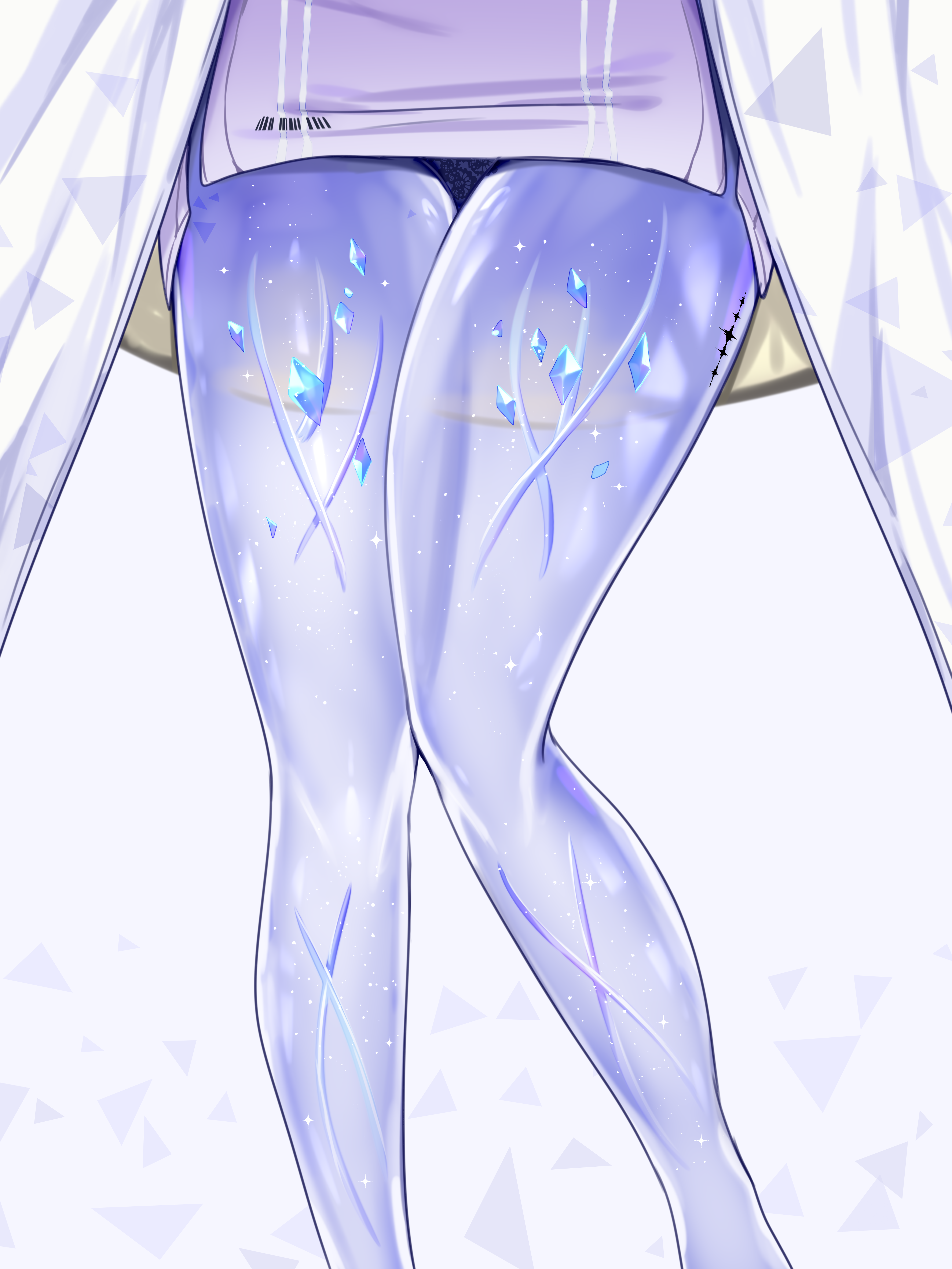 sillymyne, mornye (wuthering waves), wuthering waves, absurdres, commentary, english commentary, highres, 1girl, dress, grey background, leg focus, purple dress, see-through body, short dress, solo, tacet mark (wuthering waves), thighs