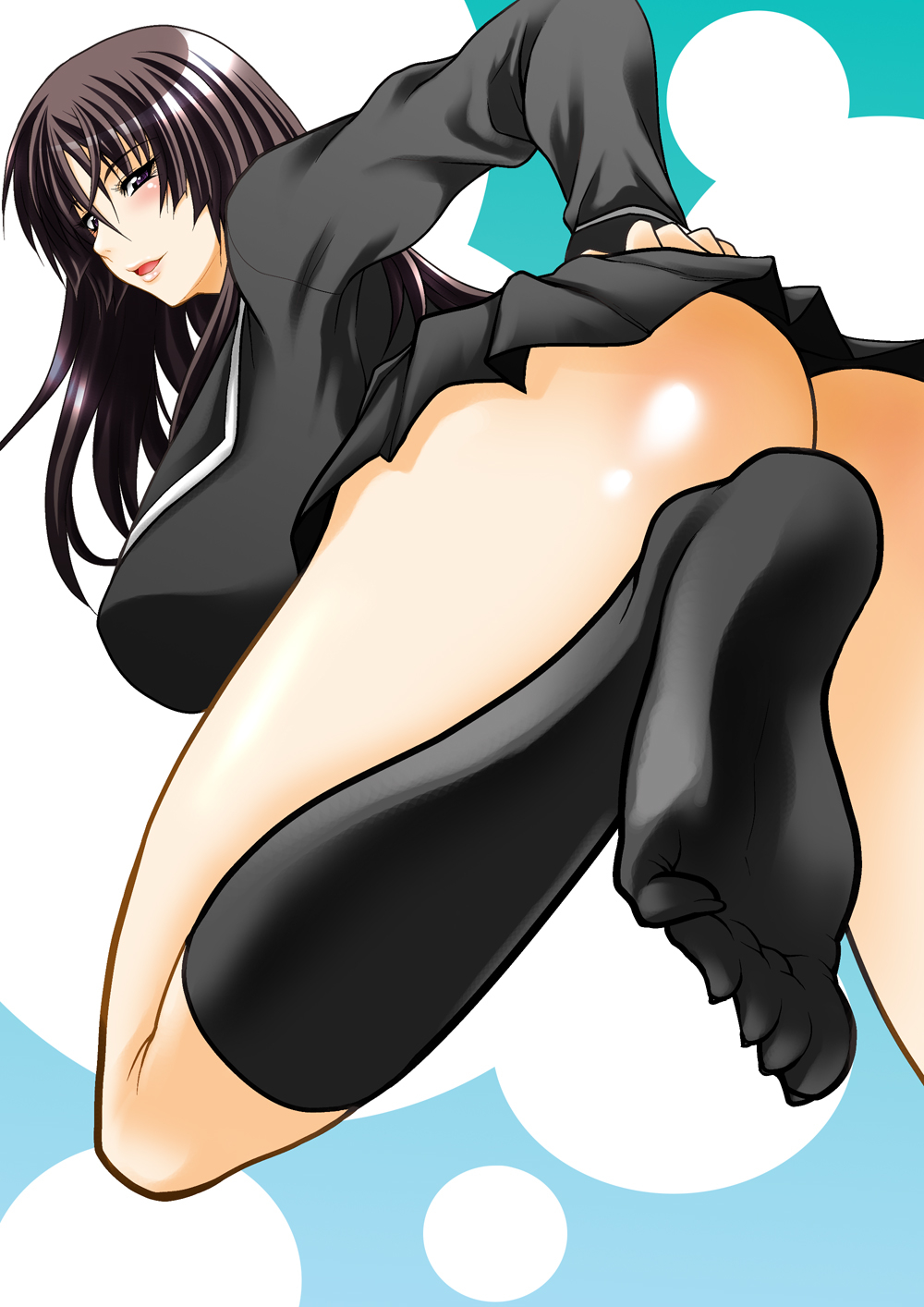 taihei tengoku, isayama yomi, ga-rei, highres, 1girl, ass, blush, feet, female focus, long hair, no panties, school uniform, socks, solo, thighhighs, upskirt