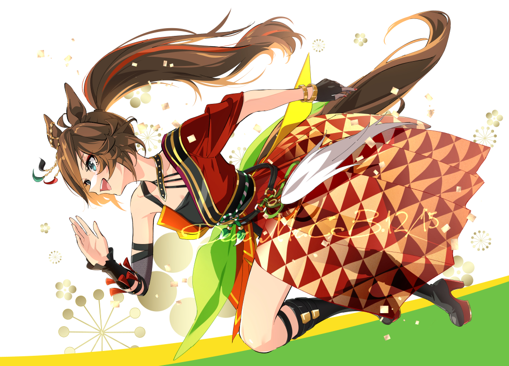 taromarun, mr. c.b. (dazzling kabuki flower) (umamusume), mr. c.b. (umamusume), umamusume, 1girl, ahoge, animal ears, bare shoulders, black boots, black hair, blue eyes, boots, breasts, brown hair, dress, gloves, hair between eyes, high heel boots, high heels, horse ears, horse girl, horse tail, long hair, official alternate costume, official alternate hairstyle, open mouth, ponytail, red dress, red nails, single bare shoulder, single glove, single sleeve, smile, solo, tail, teeth, thigh strap, upper teeth only