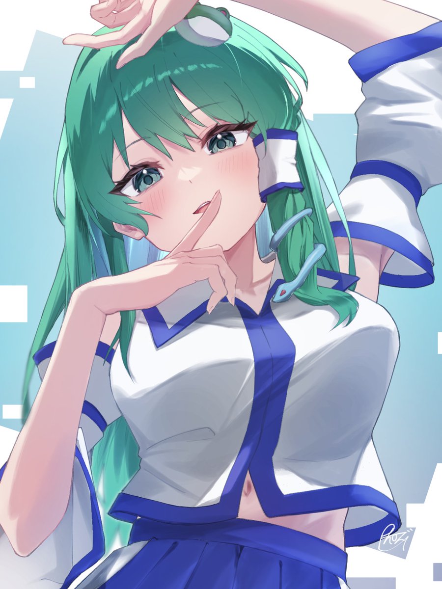 bluerhozu, kochiya sanae, touhou, commentary request, highres, 1girl, blue skirt, blush, breasts, detached sleeves, frog hair ornament, green background, green eyes, green hair, hair ornament, hair tubes, long hair, long sleeves, looking at viewer, open mouth, single hair tube, skirt, smile, snake hair ornament, solo, upper body