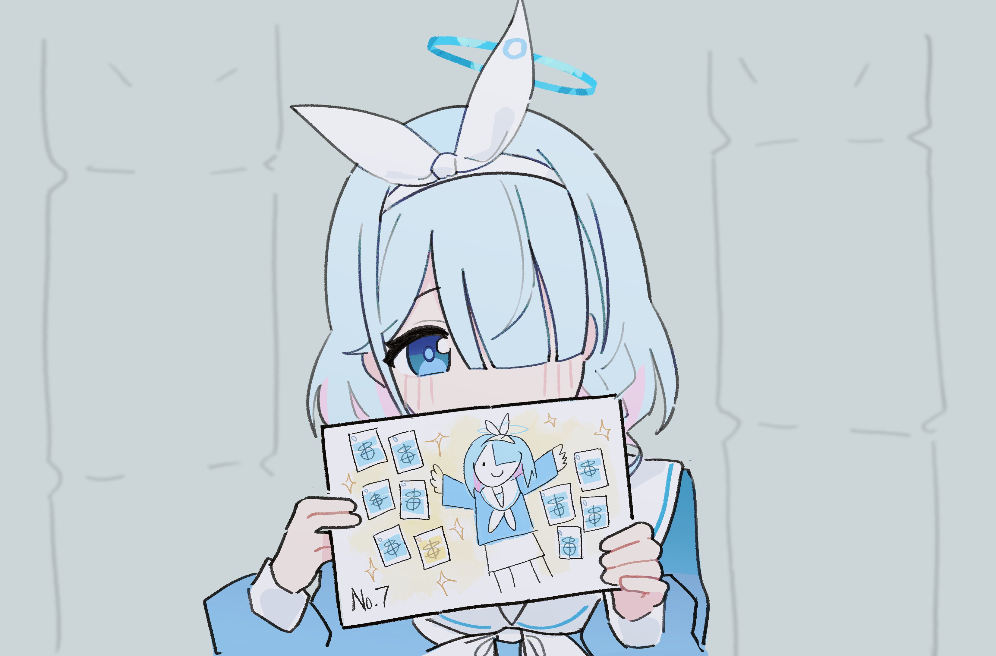 lyrinne, arona (blue archive), blue archive, absurdres, highres, 1girl, blue eyes, blue hair, blue halo, blue shirt, drawing (object), hair over one eye, hairband, halo, holding, holding drawing, long sleeves, looking at viewer, pink hair, shirt, solo, upper body, white hairband