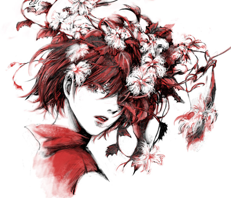 soga kayoko, meiko (vocaloid), vocaloid, traditional media, 1girl, colored eyelashes, female focus, flower, hair over one eye, looking back, monochrome, plant, popped collar, portrait, red eyes, red hair, red theme, simple background, solo, white background
