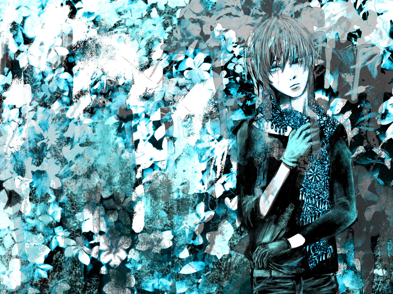 soga kayoko, kaito (vocaloid), vocaloid, bad id, bad piapro id, highres, 1boy, black eyes, blue hair, flower, gloves, heterochromia, male focus, monochrome, scarf, solo