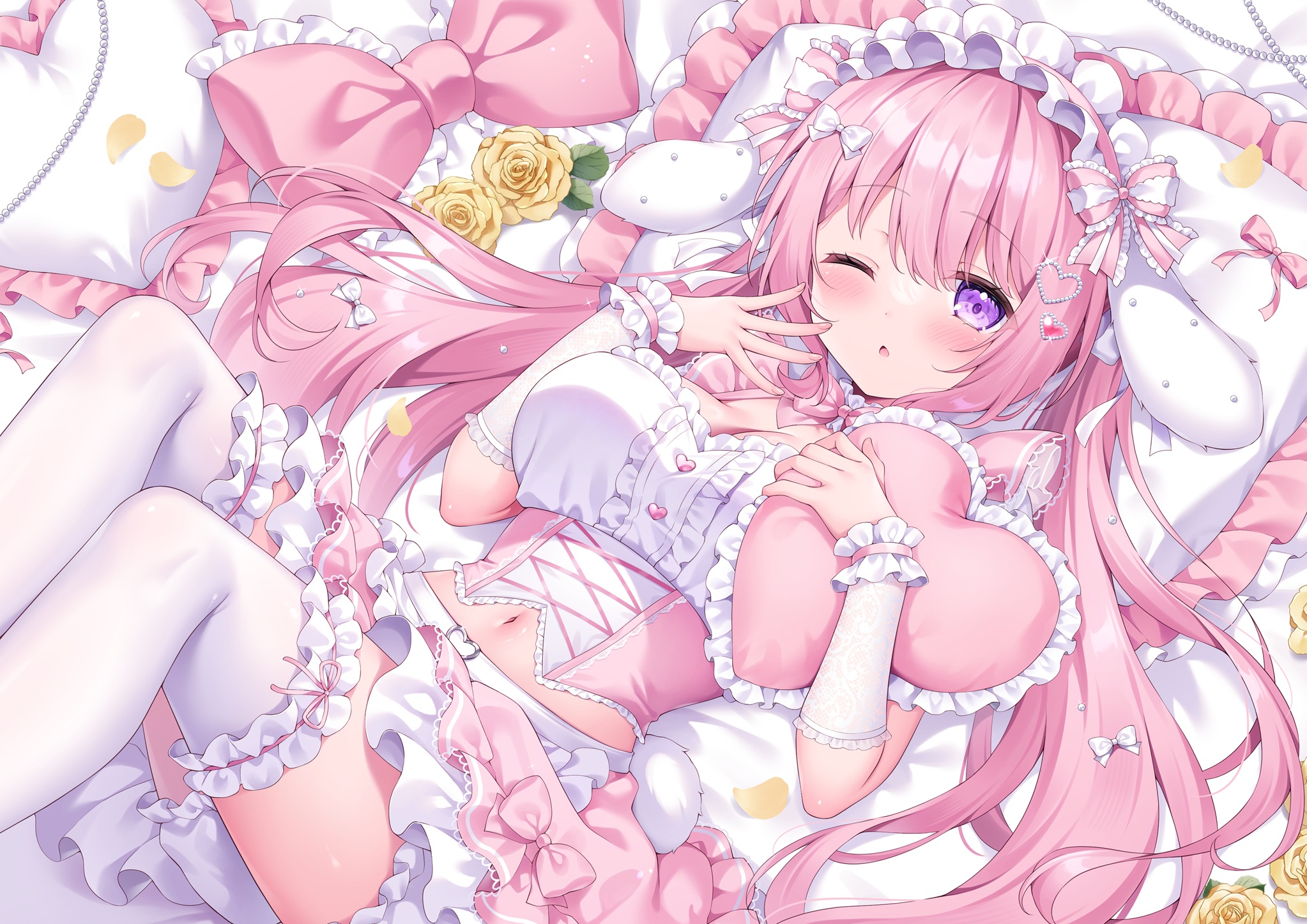 shiono (0303), original, commentary request, highres, 1girl, animal ears, belt, blush, bow, breasts, corset, flower, frilled headband, frilled thighhighs, frills, hair ornament, headband, heart, heart hair ornament, large breasts, long hair, looking at viewer, lying, midriff, navel, on back, one eye closed, parted lips, pillow, pink bow, pink corset, pink hair, pink headband, pink skirt, purple eyes, rabbit ears, rabbit tail, shirt, skirt, solo, tail, thighhighs, twintails, white belt, white shirt, white thighhighs, white wrist cuffs, wrist cuffs
