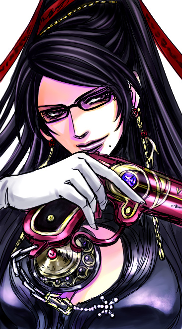 arumisin417, kaoru, bayonetta, bayonetta (series), black hair, brown eyes, chain, earrings, glasses, gun, jewelry, long hair, mole, red ribbon, ribbon, weapon