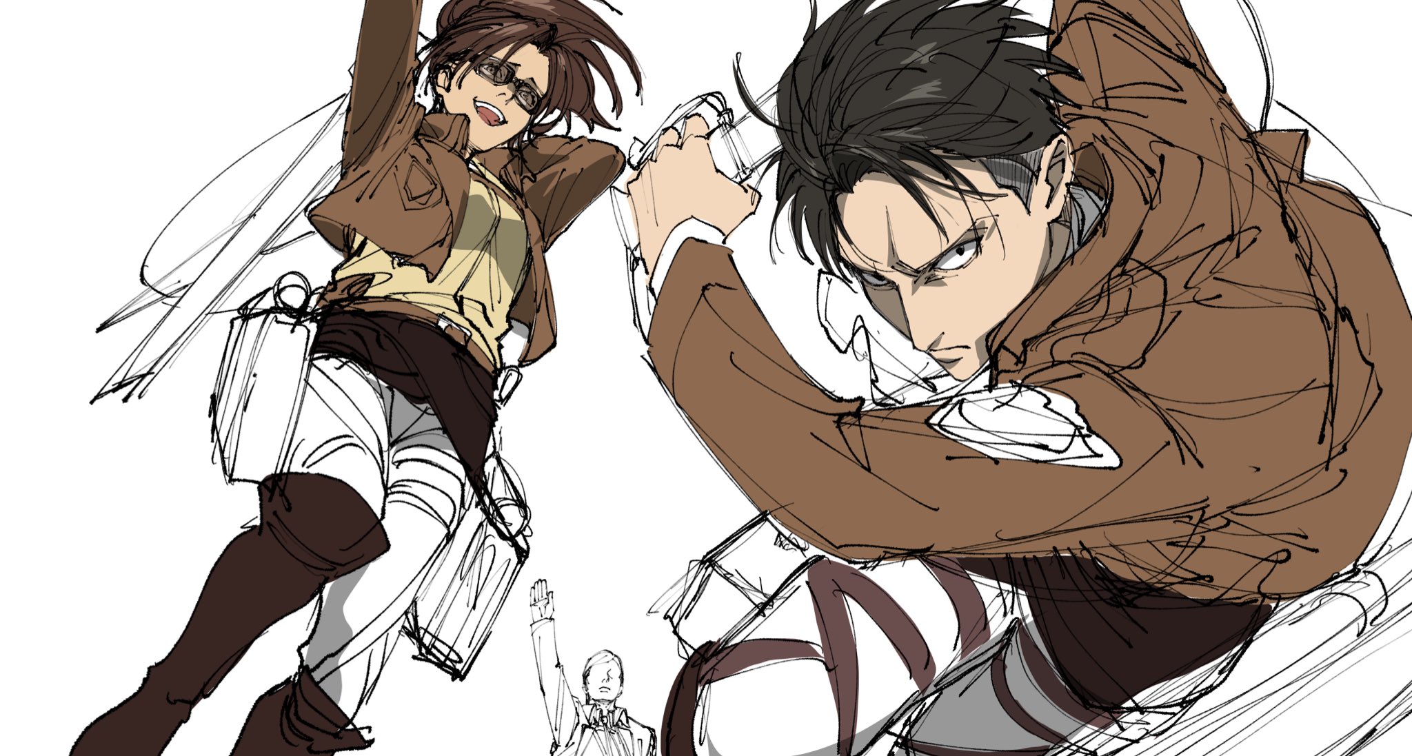 35ohama yu, erwin smith, hange zoe, levi (shingeki no kyojin), shingeki no kyojin, commentary, highres, symbol-only commentary, 1girl, 2boys, arms behind head, black hair, boots, breasts, brown boots, brown hair, brown jacket, cropped jacket, dual wielding, feet out of frame, furrowed brow, glasses, hand up, holding, holding weapon, jacket, medium breasts, medium hair, multiple boys, open mouth, panties, parted bangs, ponytail, shirt, short hair, sketch, smile, underwear, weapon, white background, white panties, yellow shirt