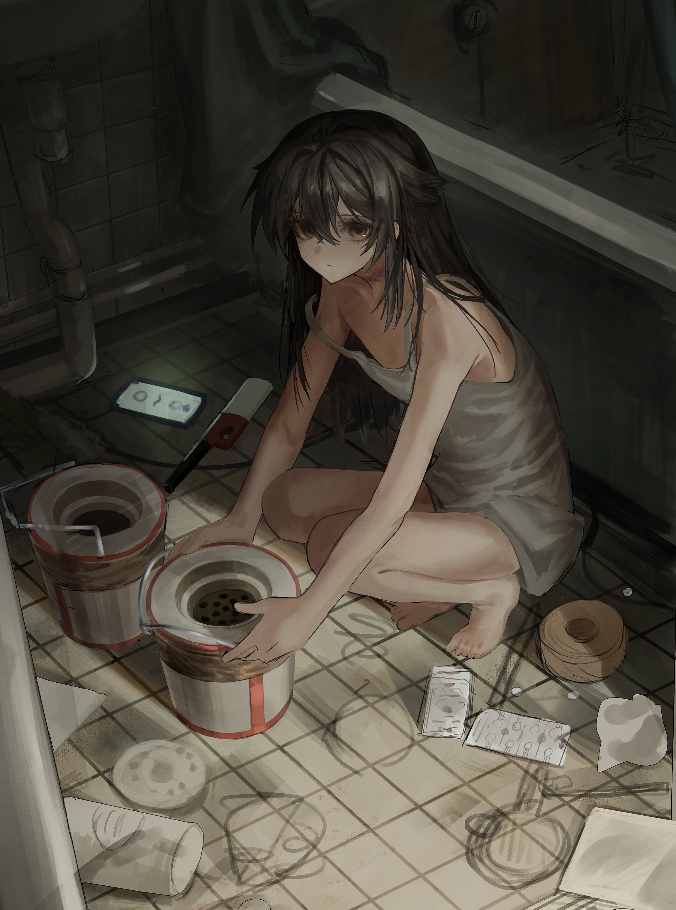 senakira, original, absurdres, highres, 1girl, barefoot, bathroom, bathtub, blister pack, cellphone, expressionless, floor, hair between eyes, indoors, industrial pipe, lighter, long hair, phone, shower curtain, sink, smartphone, solo, squatting, strap slip, tape, tile floor, tiles