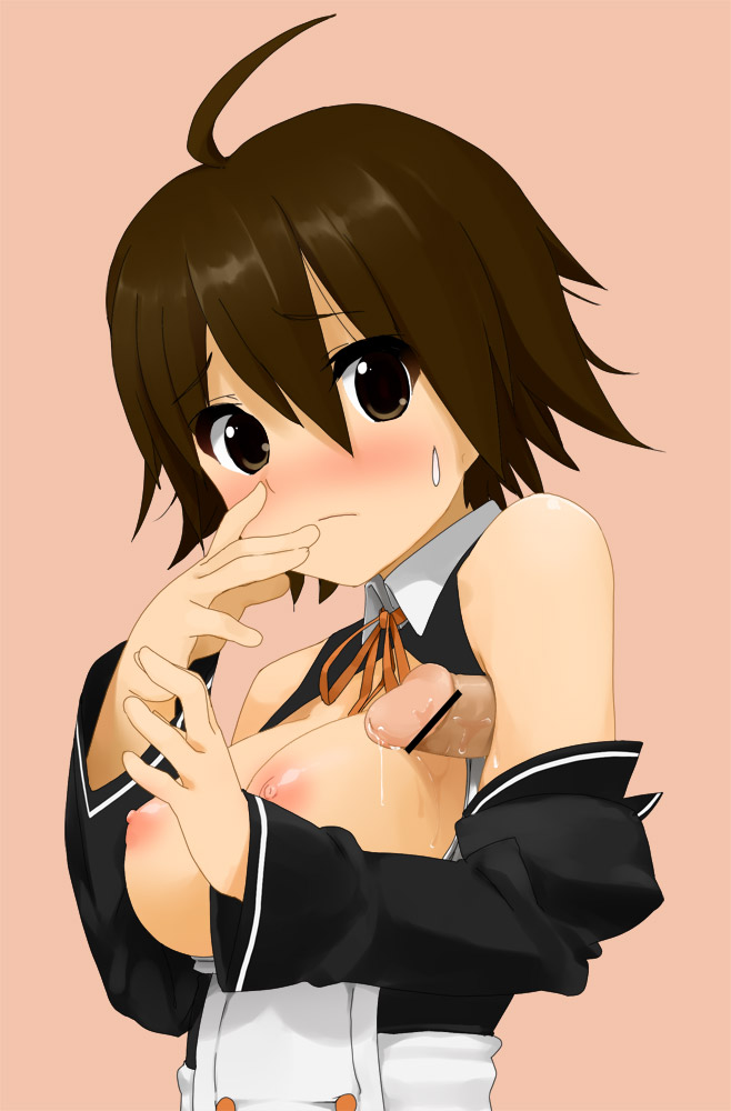 kaisen chuui, nao (dream c club), dream c club, dream c club (series), 1girl, ahoge, armpit sex, blush, breasts, brown eyes, brown hair, censored, detached sleeves, disembodied penis, large breasts, nipples, open clothes, penis, sex, short hair, solo focus