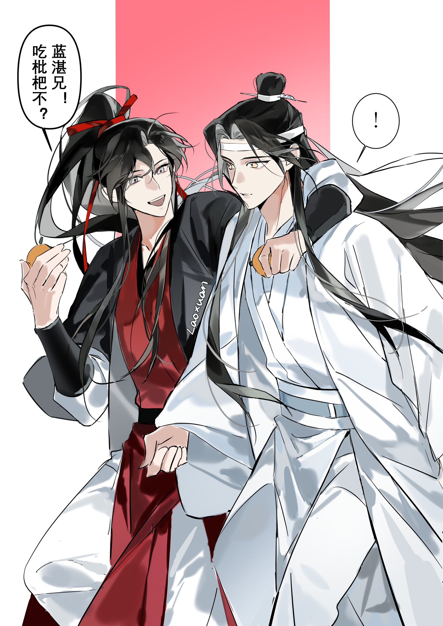 lan wangji, wei wuxian, modao zushi, chinese commentary, commentary request, highres, !, 2boys, adapted costume, ahoge, alternate costume, arm around shoulder, artist name, black coat, black hair, black sash, blue sash, chinese clothes, chinese text, coat, couple, food, fruit, grey eyes, hair ribbon, hanfu, headband, high ponytail, holding, holding food, holding fruit, long hair, long sleeves, looking at another, loquat, loxunzixin31122, male focus, multiple boys, open clothes, open coat, open mouth, pants, parted lips, ponytail, red hanfu, red ribbon, ribbon, robe, sash, sidelocks, smile, speech bubble, spoken exclamation mark, walking, white background, white coat, white hanfu, white headband, white pants, wide sleeves, yaoi, yellow eyes