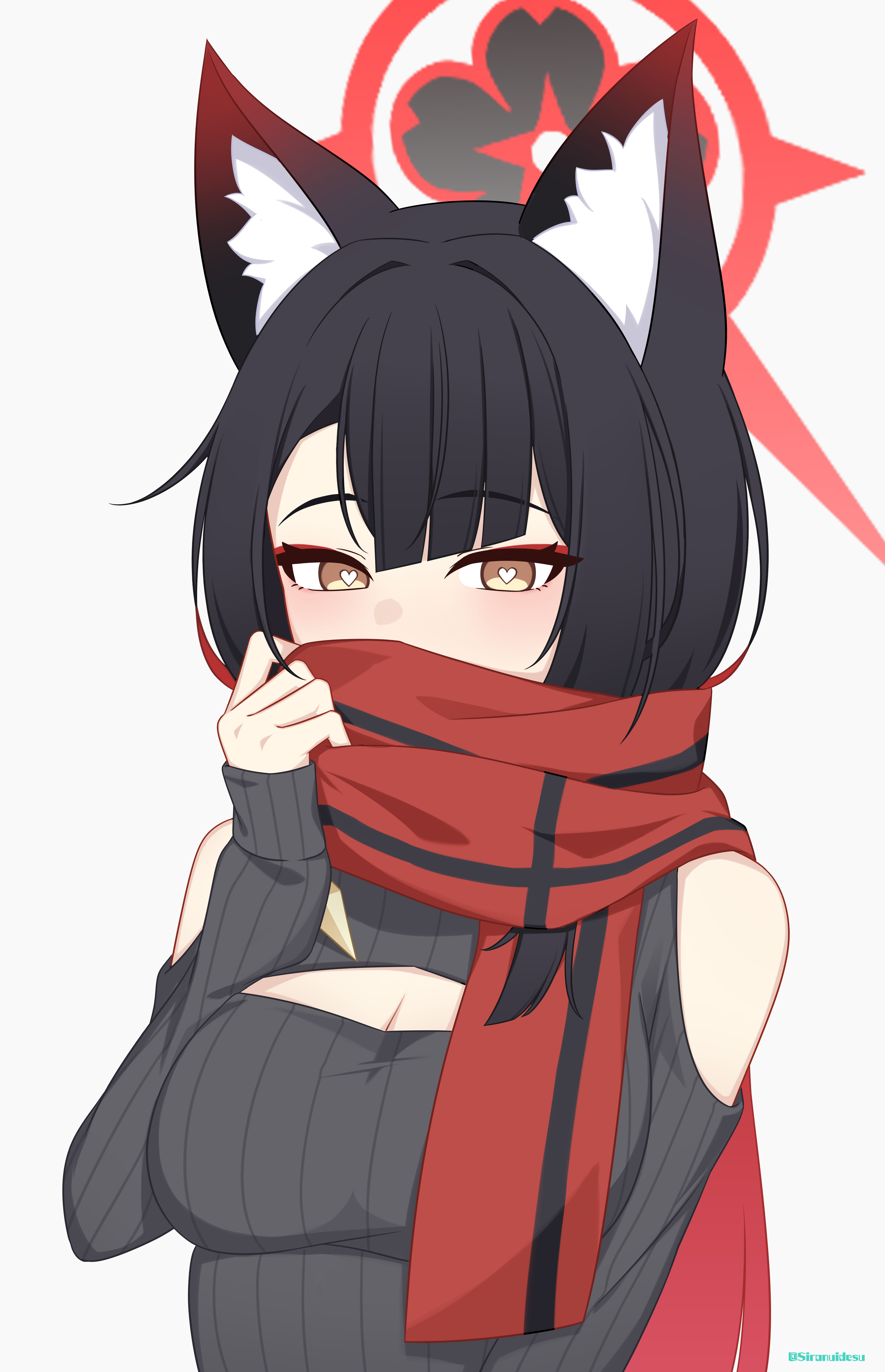 siranui desu, wakamo (blue archive), blue archive, absurdres, commentary request, highres, 1girl, alternate costume, animal ears, bare shoulders, black hair, black halo, black sweater, breasts, casual, cleavage, cleavage cutout, clothing cutout, covered mouth, eyeshadow, fox ears, fox girl, halo, heart, heart-shaped pupils, long hair, makeup, medium breasts, multicolored hair, red eyeshadow, red hair, red halo, red scarf, scarf, scarf over mouth, solo, sweater, symbol-shaped pupils, two-tone hair, upper body, very long hair, yellow eyes