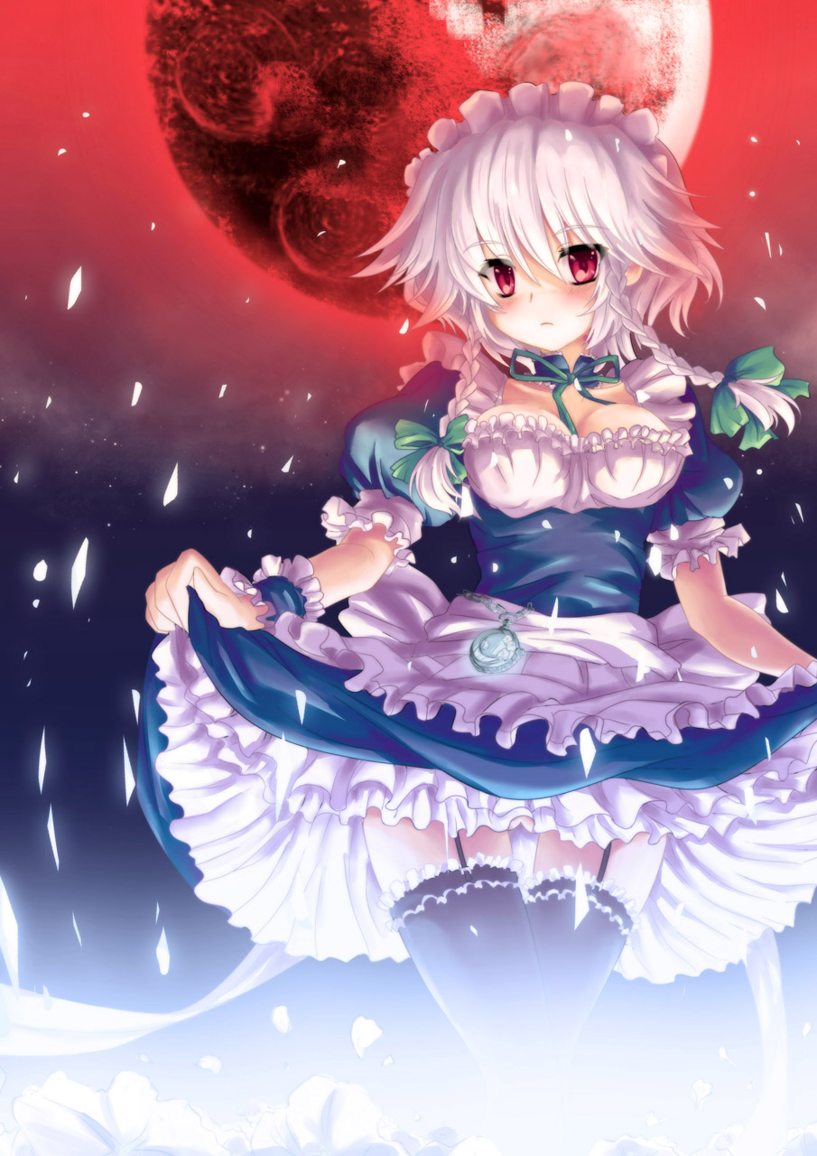 north abyssor, izayoi sakuya, embodiment of scarlet devil, touhou, silver hair, highres, 1girl, apron, braid, breasts, cleavage, clothes lift, curtsey, expressionless, female focus, garter belt, garter straps, maid, maid apron, moon, no panties, panties, pocket watch, red eyes, red moon, short hair, skirt, skirt hold, skirt lift, solo, thighhighs, twin braids, underwear, upskirt, watch