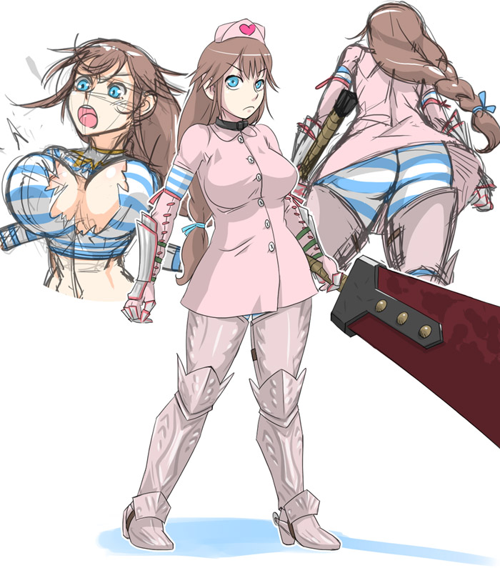 jt dong-agyoku, soul calibur, 1girl, armor, ass, bike shorts, blue eyes, bra, braid, breasts, brown hair, heart, large breasts, lingerie, long hair, nurse, open mouth, sketch, striped bike shorts, striped bra, striped clothes, sword, sword nightmare, tearing clothes, torn clothes, underwear, upskirt, weapon