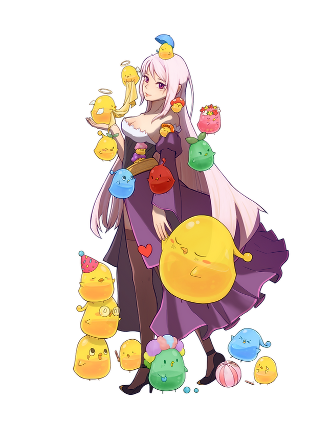 nexon, tales weaver, second-party source, afro, angel wings, animal, animal on head, ankle strap, balancing ball, ball, bare shoulders, beak, belt, berserker jellyppi, bird, black leotard, black shoes, blue bird, blue umbrella, blush stickers, breasts, brown thighhighs, cleavage, flower, full body, glasses, gold belt, green bird, halo, hat, head wreath, high heels, holding, holding ball, holding hands, holding umbrella, ice jellyppi, jellyppi, juliet sleeves, large breasts, leaf, leaf jellyppi, leotard, long hair, long skirt, long sleeves, looking at viewer, multicolored hair, on head, party hat, pince-nez, pink bird, pink hat, plapii, poison jellyppi, poison leaf jellyppi, puffy sleeves, pumps, purple eyes, purple skirt, purple sleeves, red bird, red flower, ribbed leotard, rimless eyewear, roamini, round eyewear, rune s2 ij, shoes, showgirl skirt, sidelocks, simple background, single tear, skirt, slime (creature), smile, straight hair, strapless, strapless leotard, swept bangs, thighhighs, transparent background, umbrella, underbust, very long hair, walking, white flower, white hair, white wings, wide sleeves, wig, wings, yellow bird, yellow flower