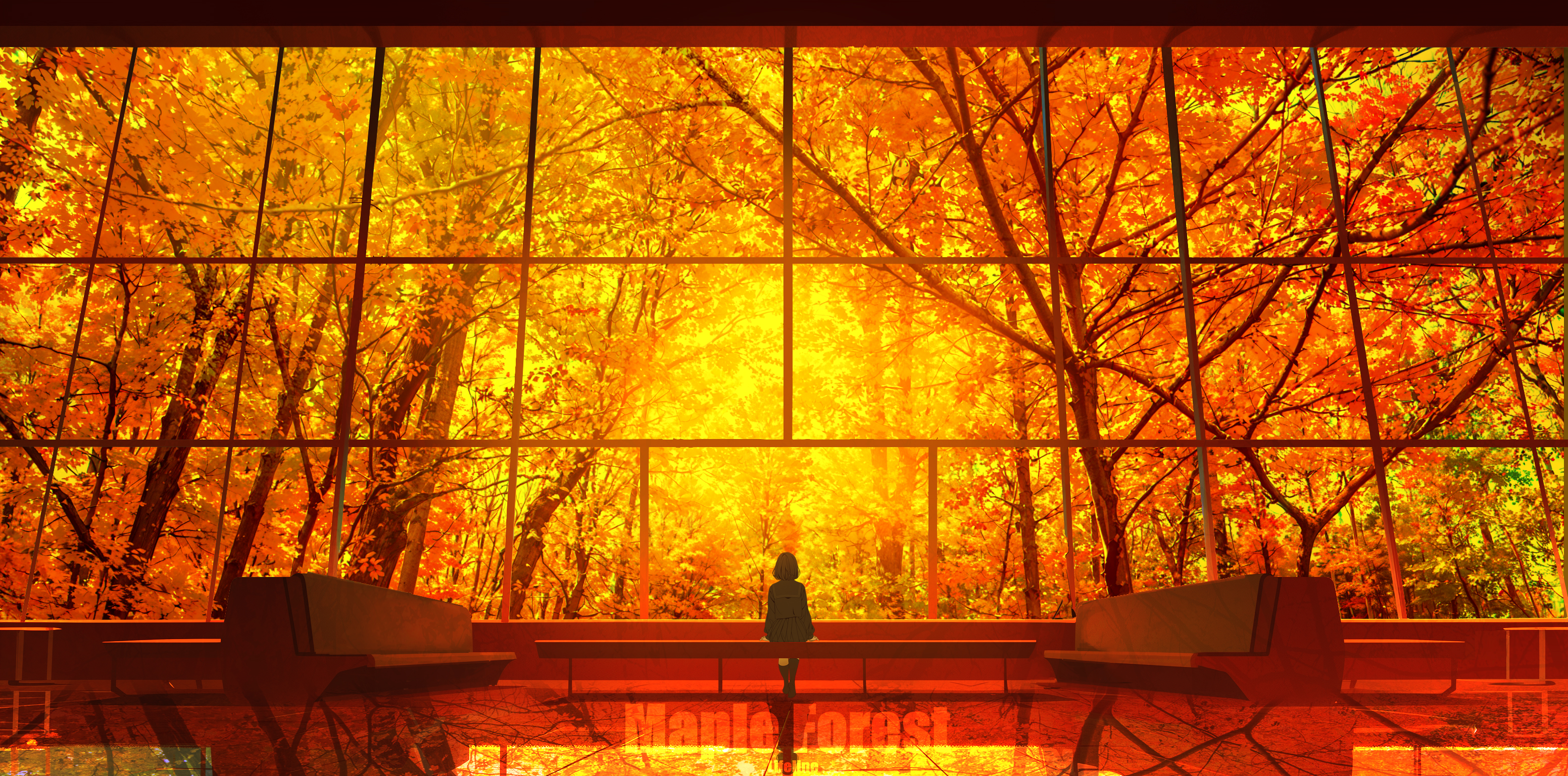 lifeline (a384079959), original, commentary request, highres, 1girl, autumn, autumn leaves, bench, black hair, black jacket, black thighhighs, day, from behind, indoors, jacket, landscape, leaf, maple leaf, reflective floor, scenery, short hair, sitting, solo, thighhighs, tree, window