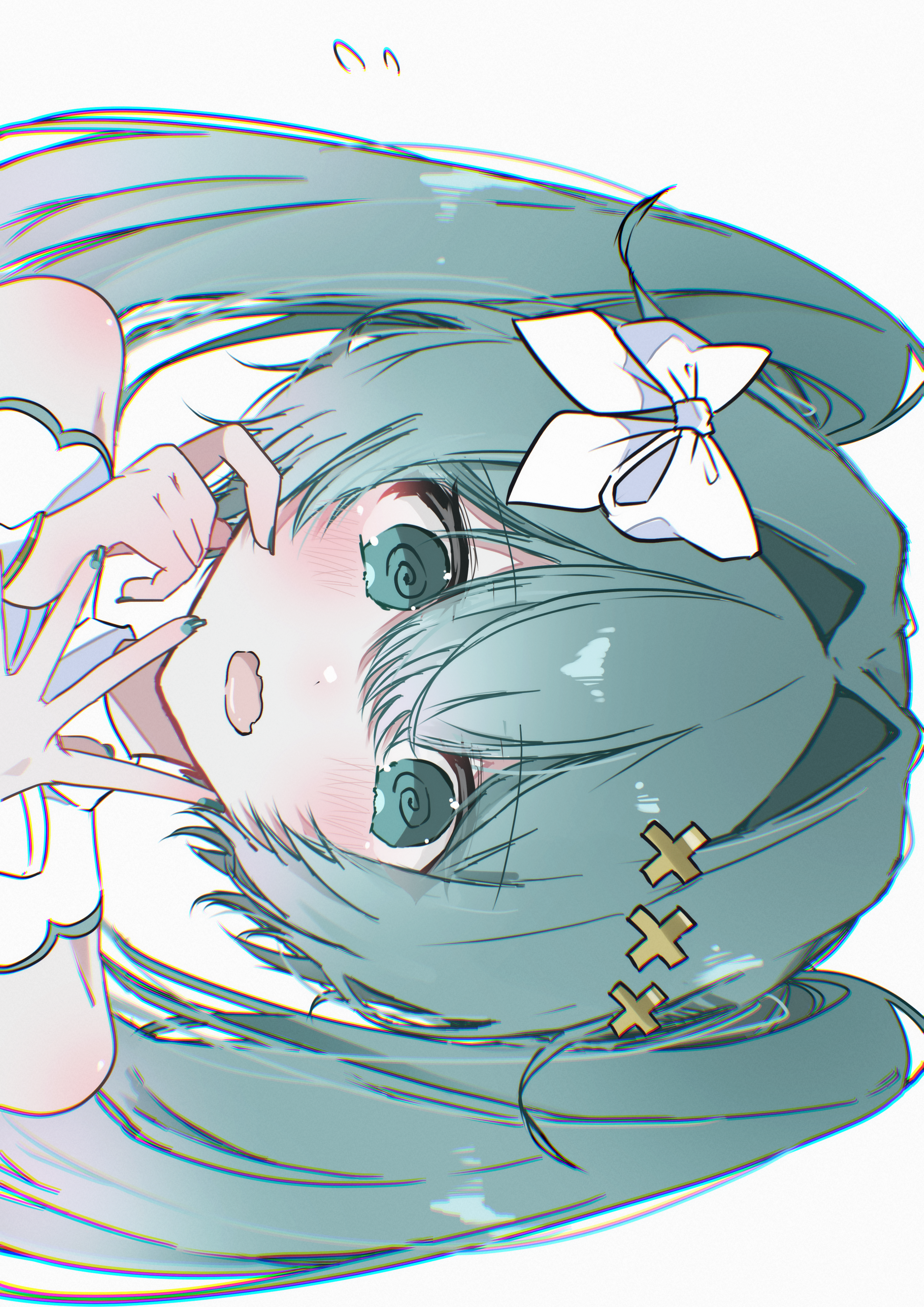 ria art, hatsune miku, hiramado miku, kowareta sekai to utaenai miku, project sekai, vocaloid, absurdres, commentary, highres, 1girl, @ @, aqua hair, aqua nails, bare shoulders, blush, bow, fang, fingernails, hair bow, hair intakes, hair ornament, hand on own face, hands up, looking at viewer, nail polish, open mouth, portrait, sideways, simple background, skin fang, solo, twintails, wavy mouth, white background, white bow, x hair ornament