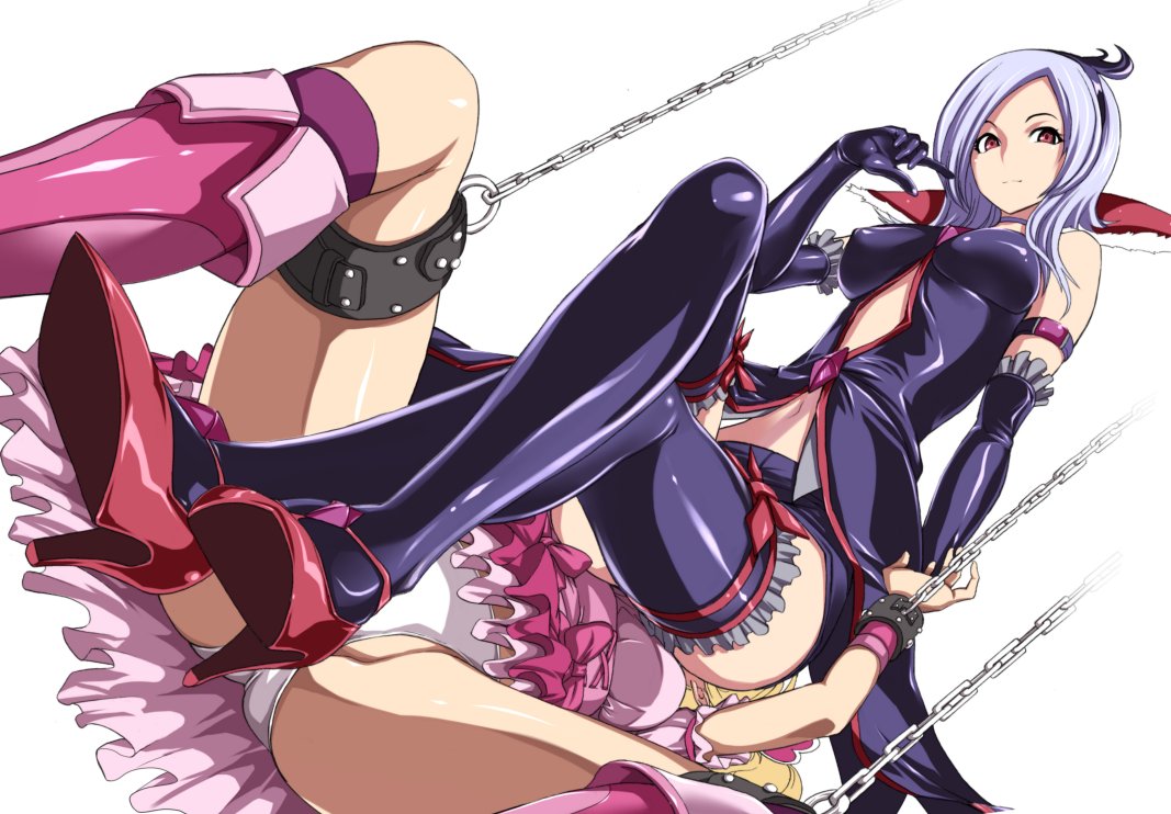 hakaba (dairiseki), cure peach, eas (fresh precure!), higashi setsuna, momozono love, fresh precure!, precure, 00s, 2girls, bdsm, blonde hair, bondage, boots, bound, breasts, chain, choker, cleavage, cuffs, dutch angle, elbow gloves, femdom, frills, gloves, hairband, high heels, jewelry, knee boots, large breasts, looking at viewer, magical girl, multiple girls, navel, panties, pantyshot, red eyes, shackles, shoes, short hair, shorts, sitting, sitting on face, sitting on person, spread legs, thighhighs, twintails, underwear, upskirt, white hair, white panties, yuri