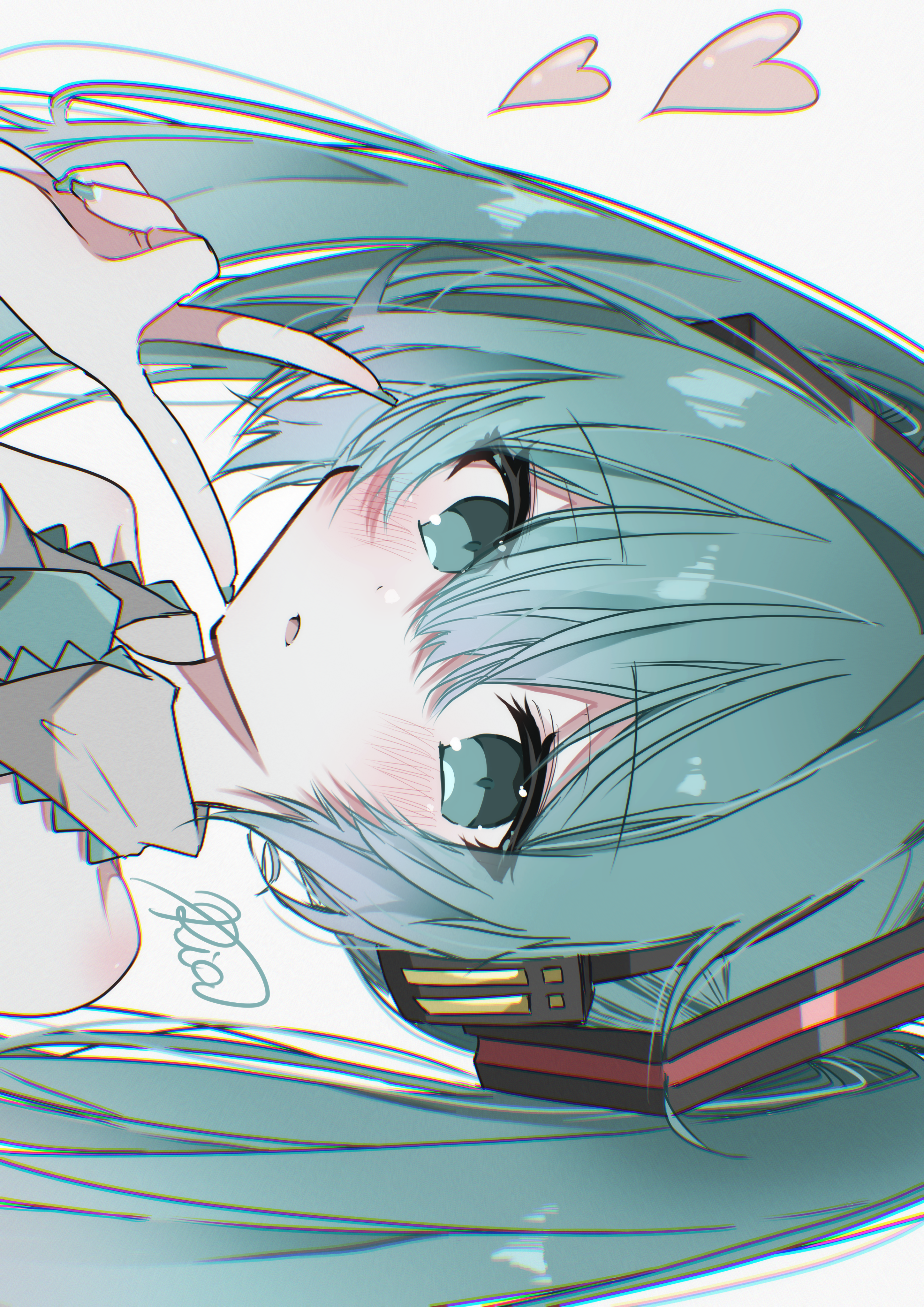 ria art, hatsune miku, vocaloid, absurdres, commentary, highres, 1girl, aqua eyes, aqua hair, aqua nails, aqua necktie, aqua trim, bare shoulders, blush, collared shirt, fingernails, grey shirt, hair between eyes, hair ornament, hand up, headphones, heart, looking at viewer, necktie, open mouth, portrait, shirt, sideways, signature, simple background, sleeveless, sleeveless shirt, solo, thick eyelashes, twintails, v, white background