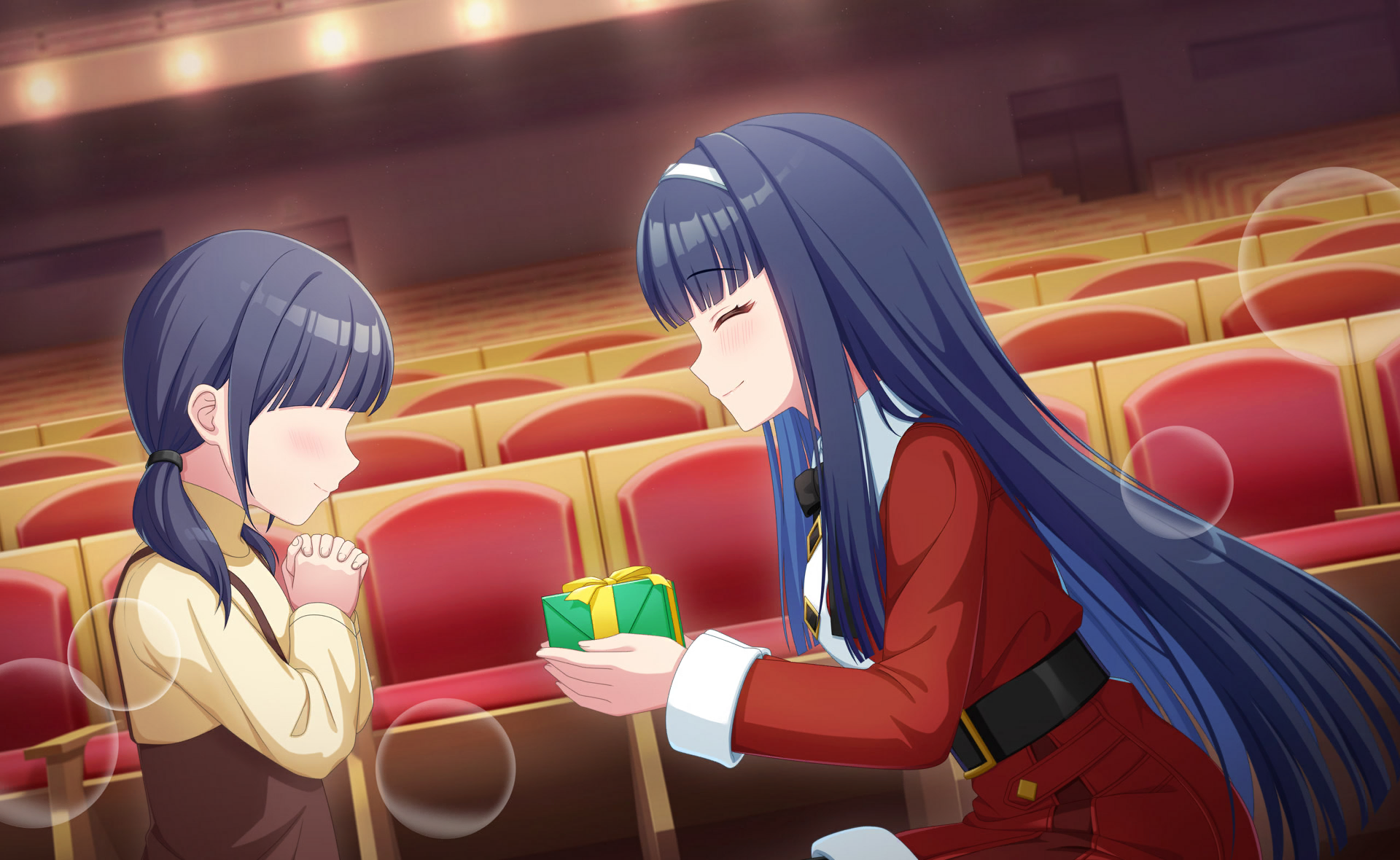 senju koyomi, world dai star, commentary request, game cg, highres, official art, third-party source, 2girls, belt, black hair, blue hair, blunt bangs, blush, box, christmas, closed eyes, from side, gift, gift box, holding, holding gift, indoors, long hair, multiple girls, profile, school uniform, sidelocks, smile, twintails, valentine